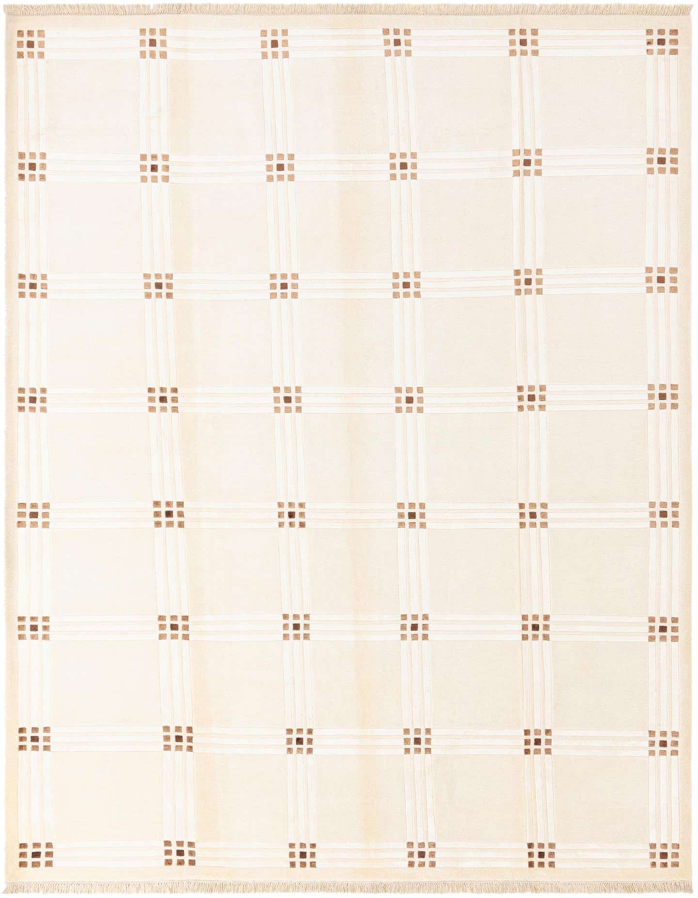 A rectangular 8x11 ivory wool rug with a modern grid pattern of thin cream lines and small brown squares.