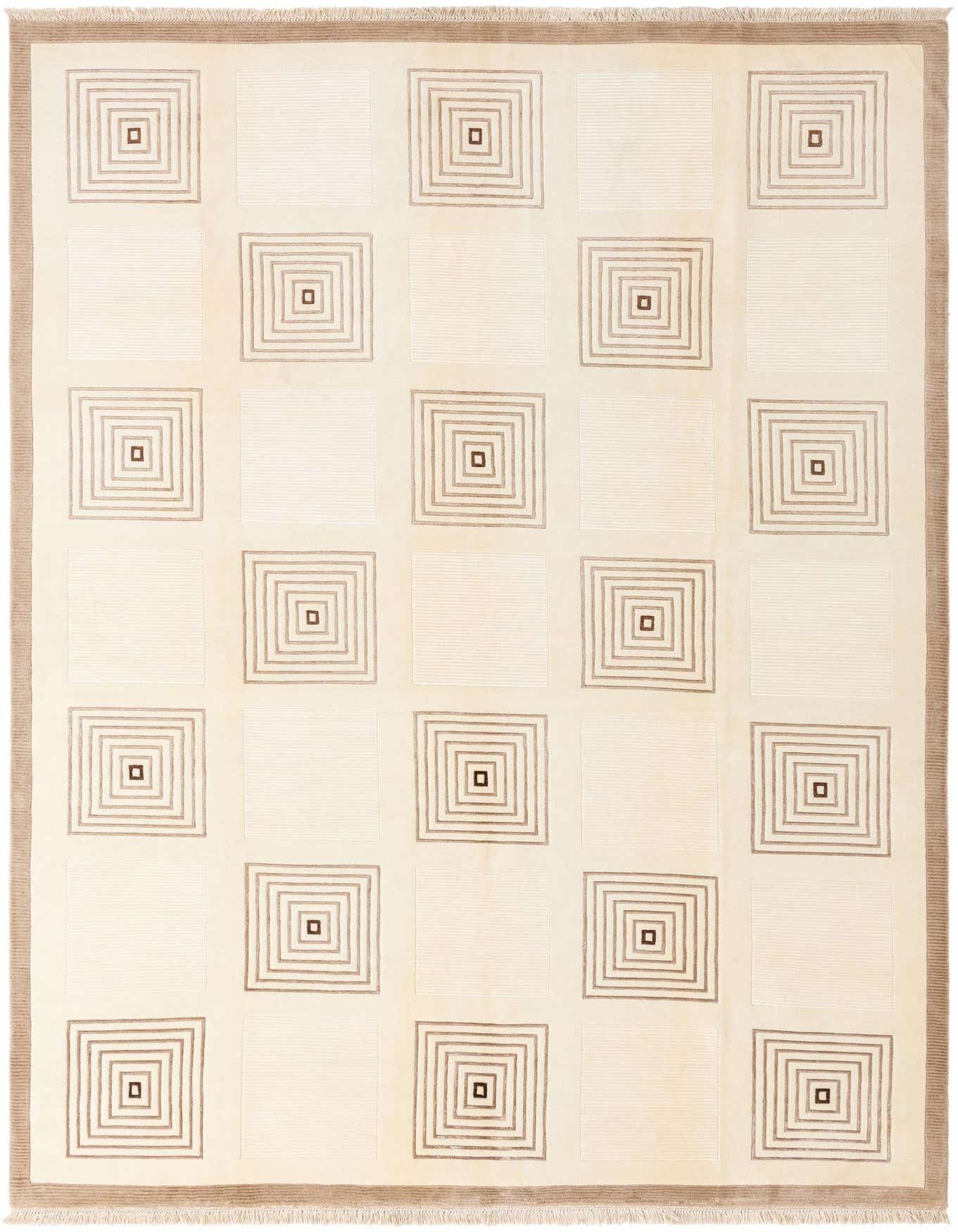 An 8x12 rectangular ivory wool rug with a modern oriental pattern of alternating solid and concentric square designs, framed by a subtle border.