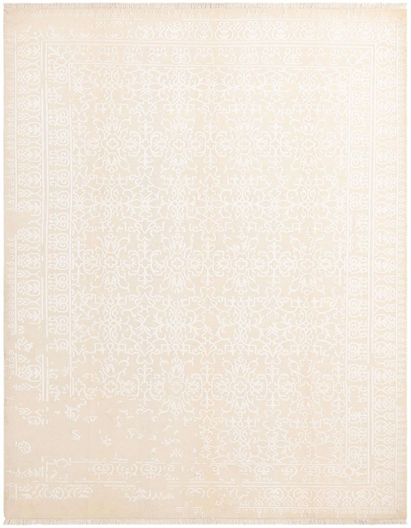 An 8x12 rectangular ivory wool rug with a subtle modern oriental pattern and decorative border.