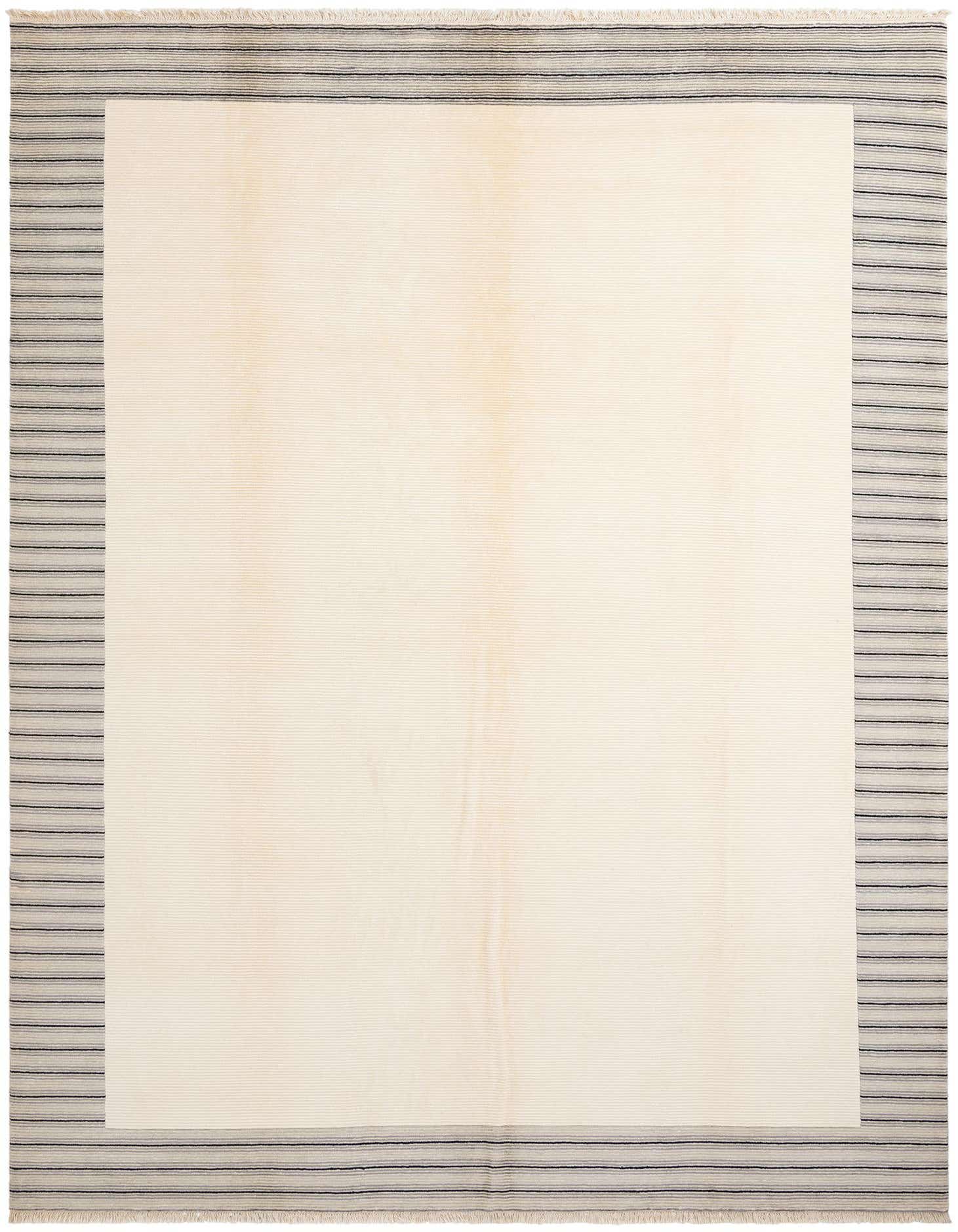 A 10x13 rectangular ivory wool rug with a subtle striped border in shades of cream and gray, perfect for a modern living room.