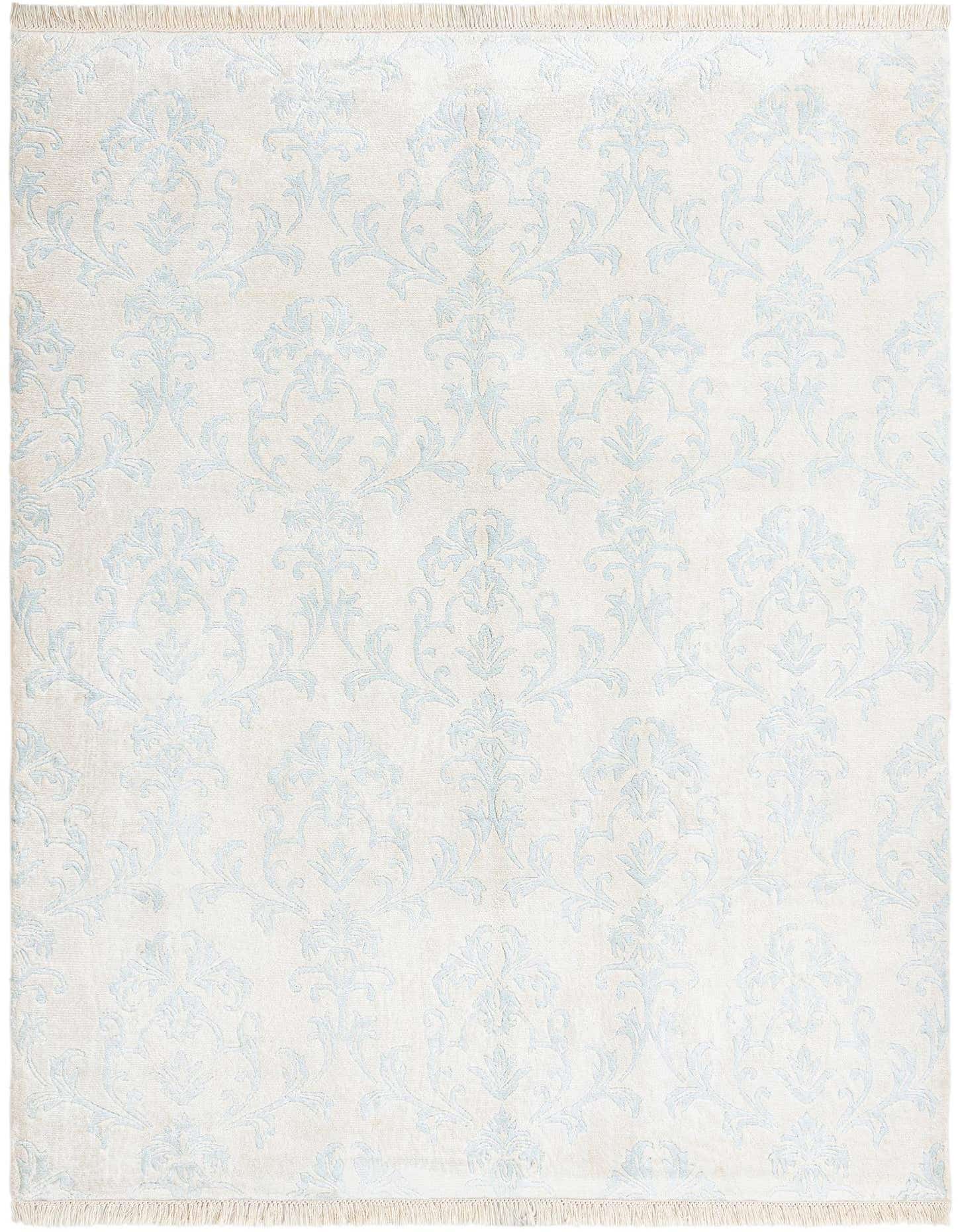 A 5x8 rectangular ivory area rug with a subtle light blue Persian-inspired pattern and fringed ends.