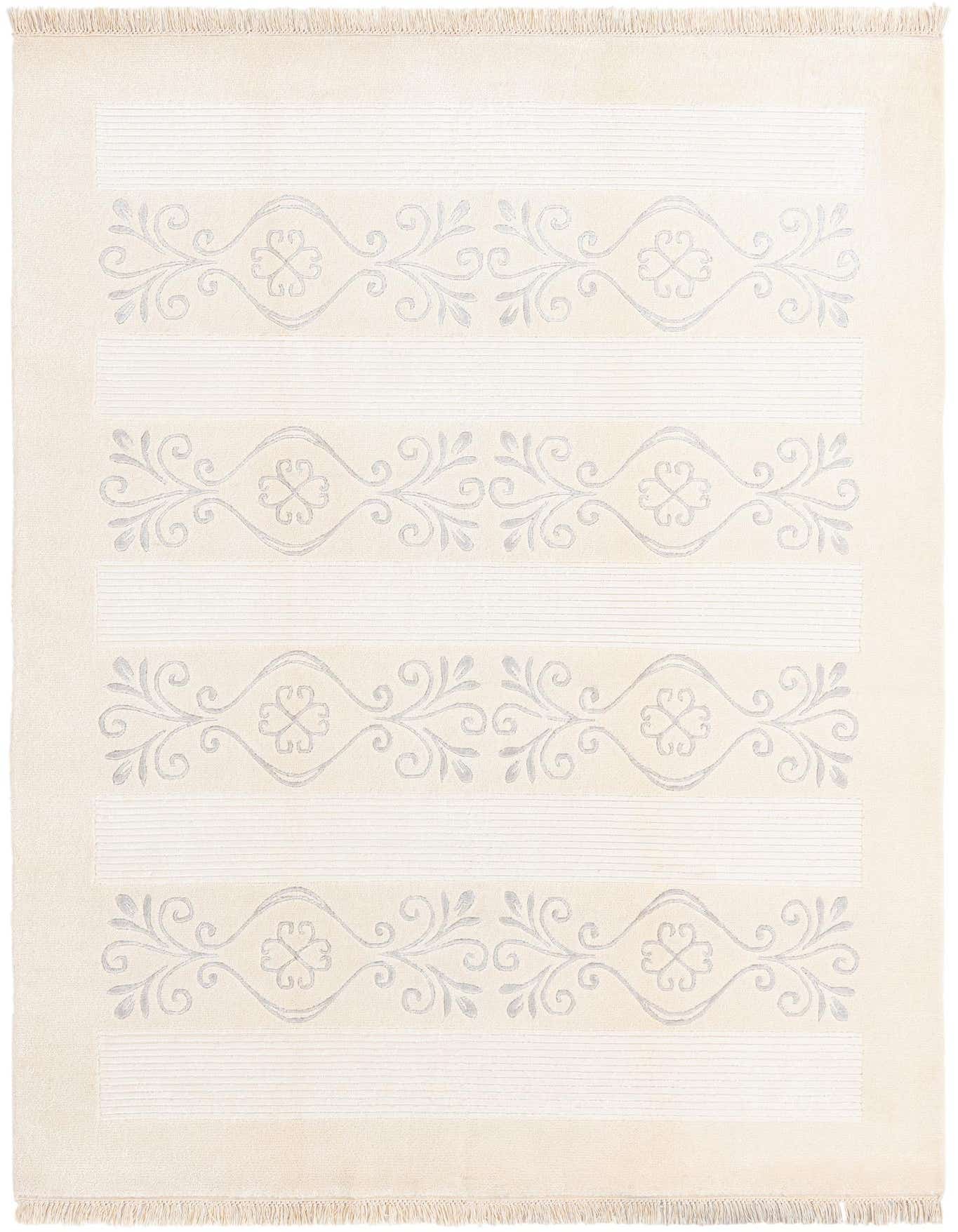 A 4x6 rectangular ivory and cream rug with a modern Persian pattern featuring delicate floral and vine motifs, suitable for a living room.