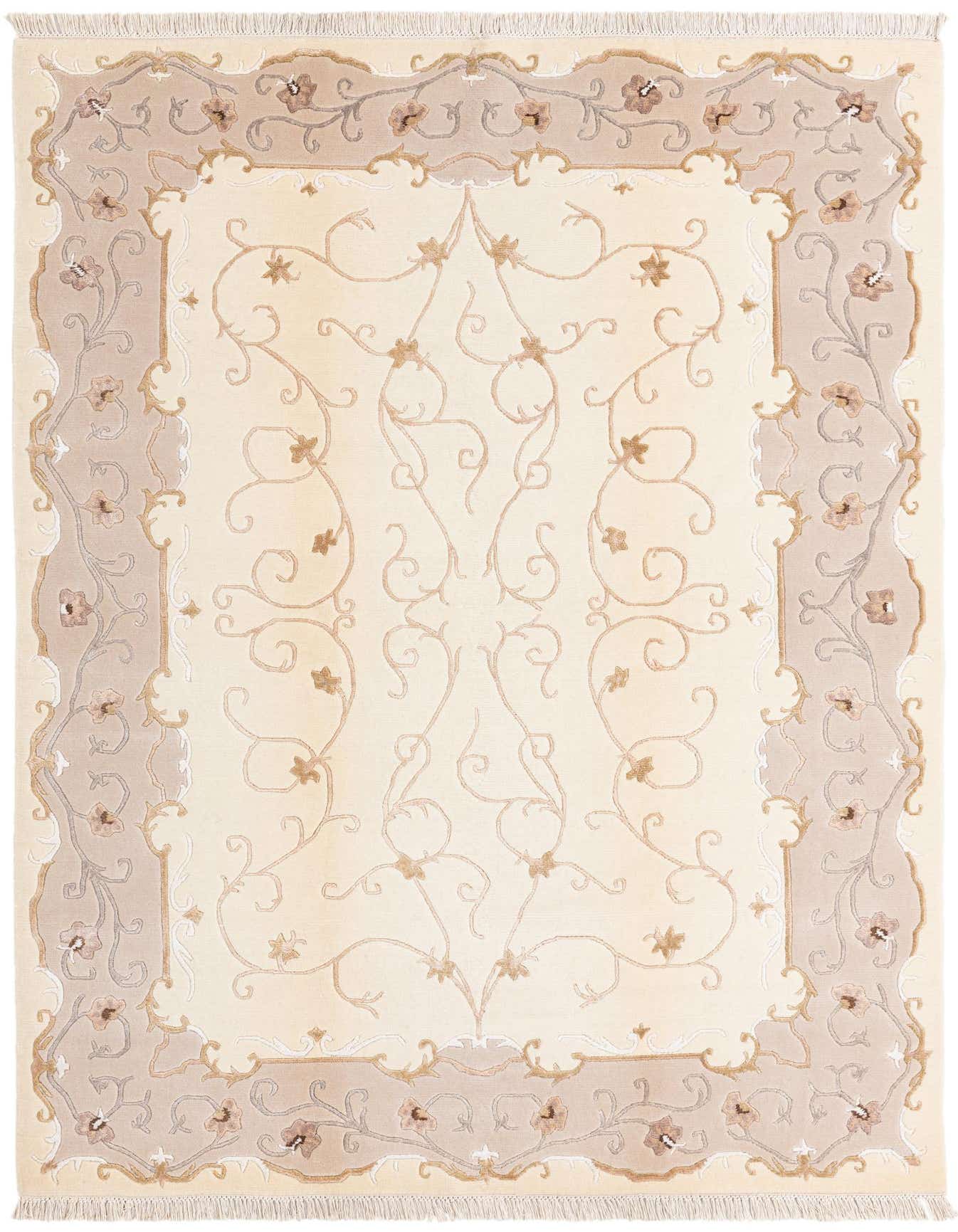 A 4x6 rectangular ivory and cream rug with a modern Persian floral and vine pattern and a decorative border.