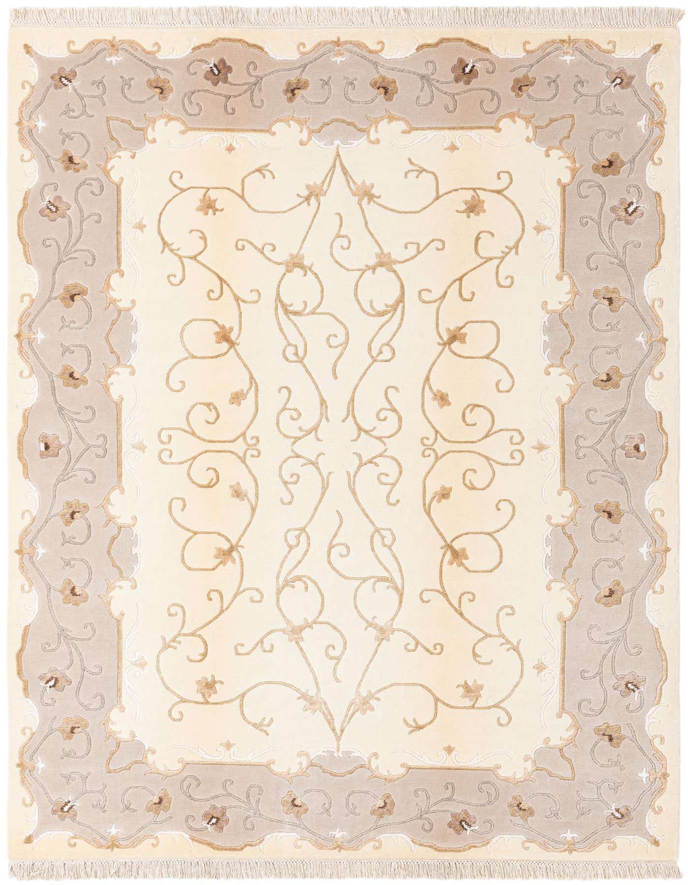 A 5x8 rectangular ivory area rug with a modern Persian pattern, featuring a cream field with gold floral vines and a taupe border with floral motifs.