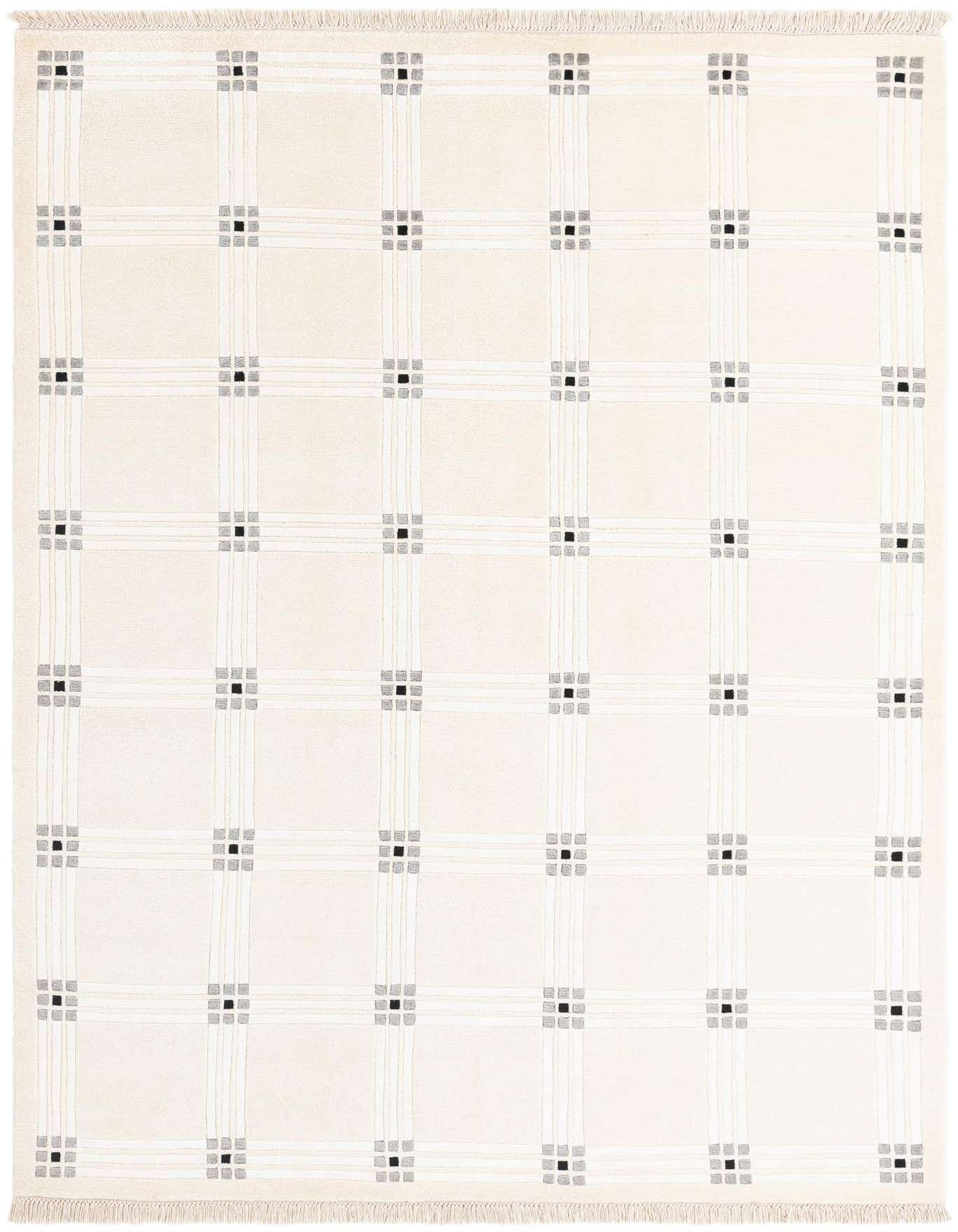 A 5x8 rectangular Darya rug in ivory and cream, featuring a modern grid pattern with small black and gray squares, ideal for a living room.