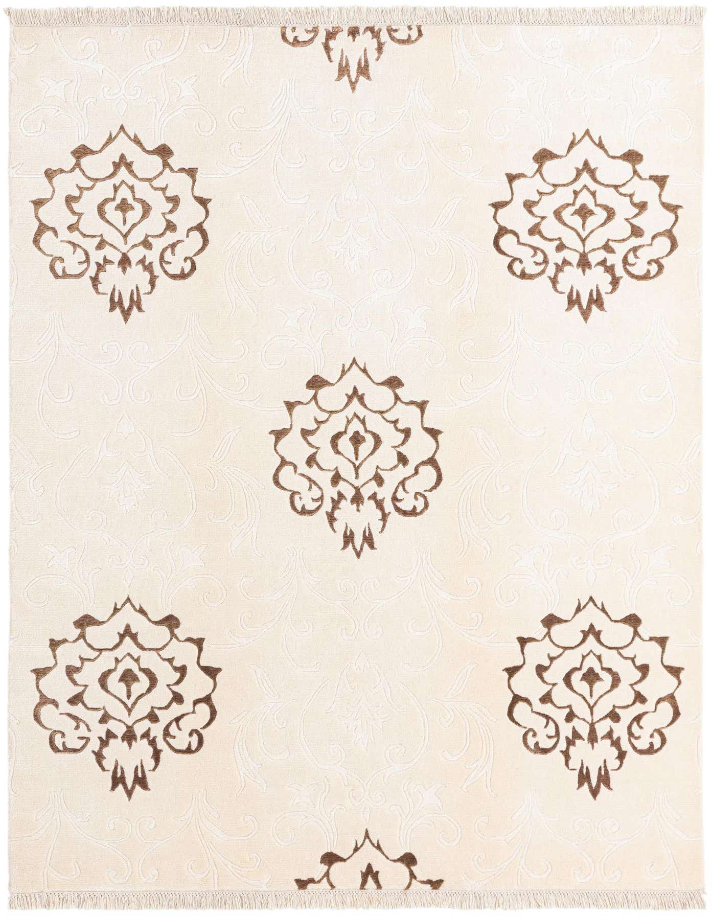 A 5x8 rectangular ivory rug with a high pile, featuring a repeating modern Persian medallion pattern in brown, ideal for a living room.