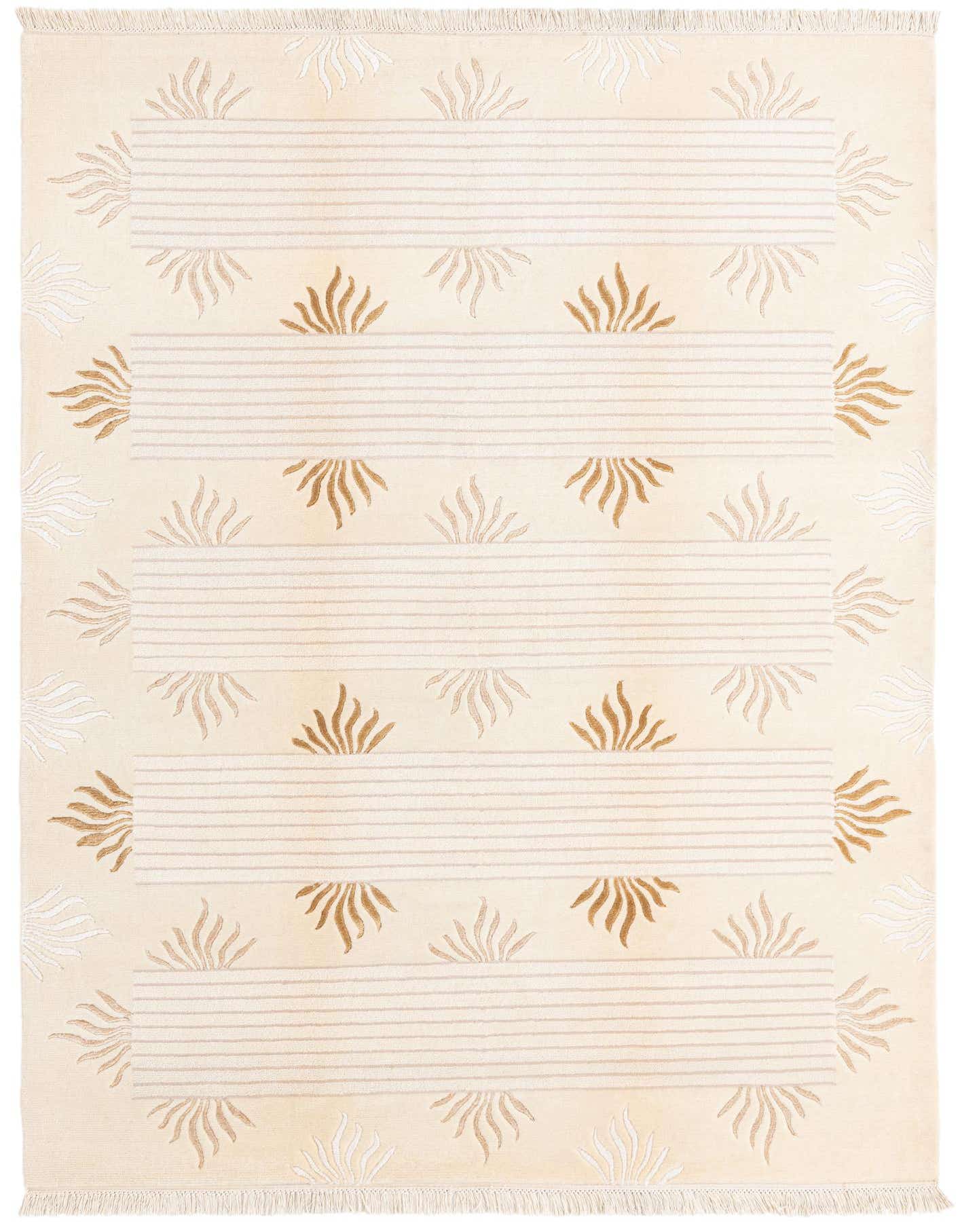 A 5x8 rectangular ivory area rug with a modern Persian design featuring horizontal striped bands and abstract sunburst patterns in varying shades of cream and tan.