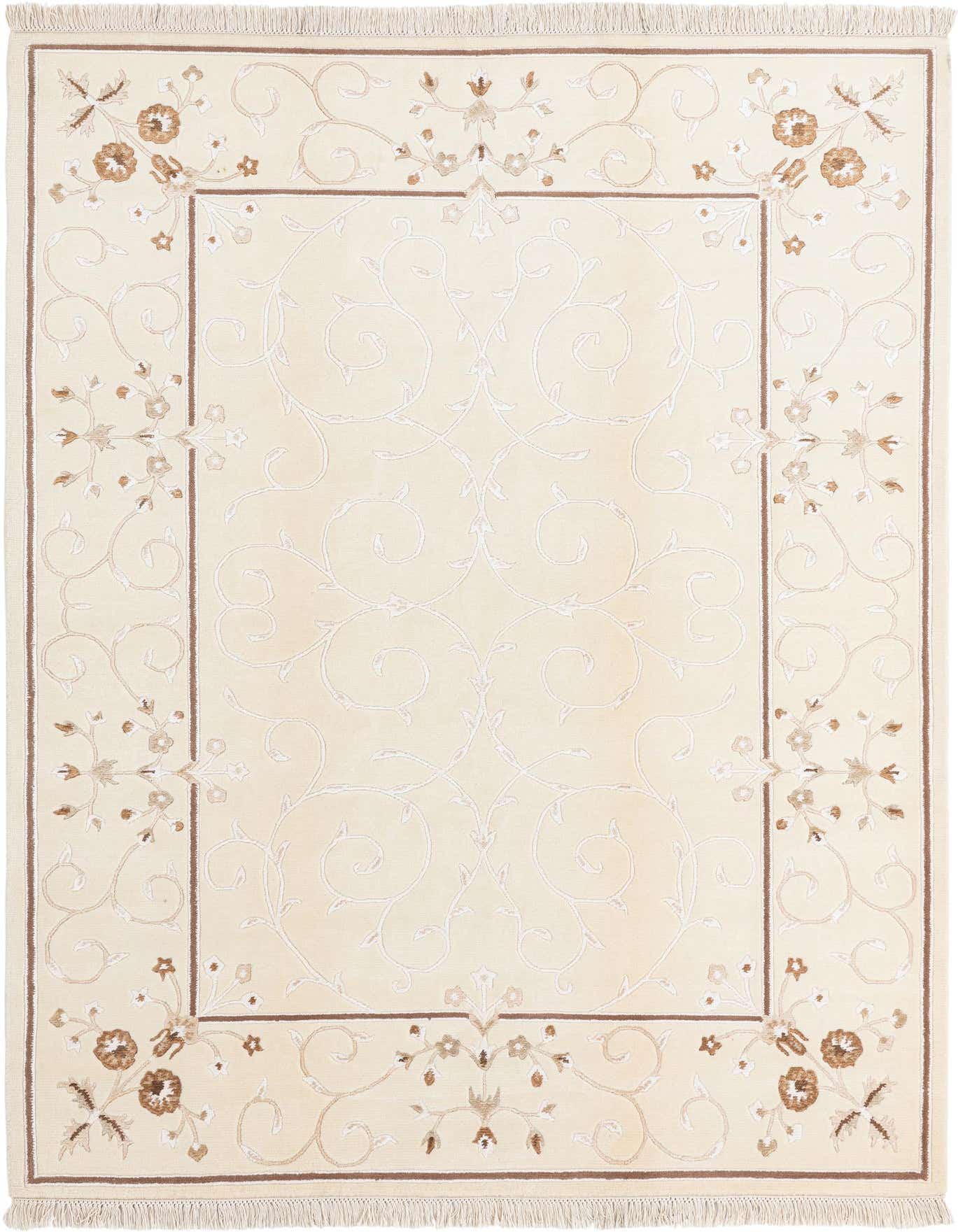 A 5x8 rectangular ivory wool rug with a modern oriental pattern featuring a cream field, delicate brown floral motifs, and a thin brown border.