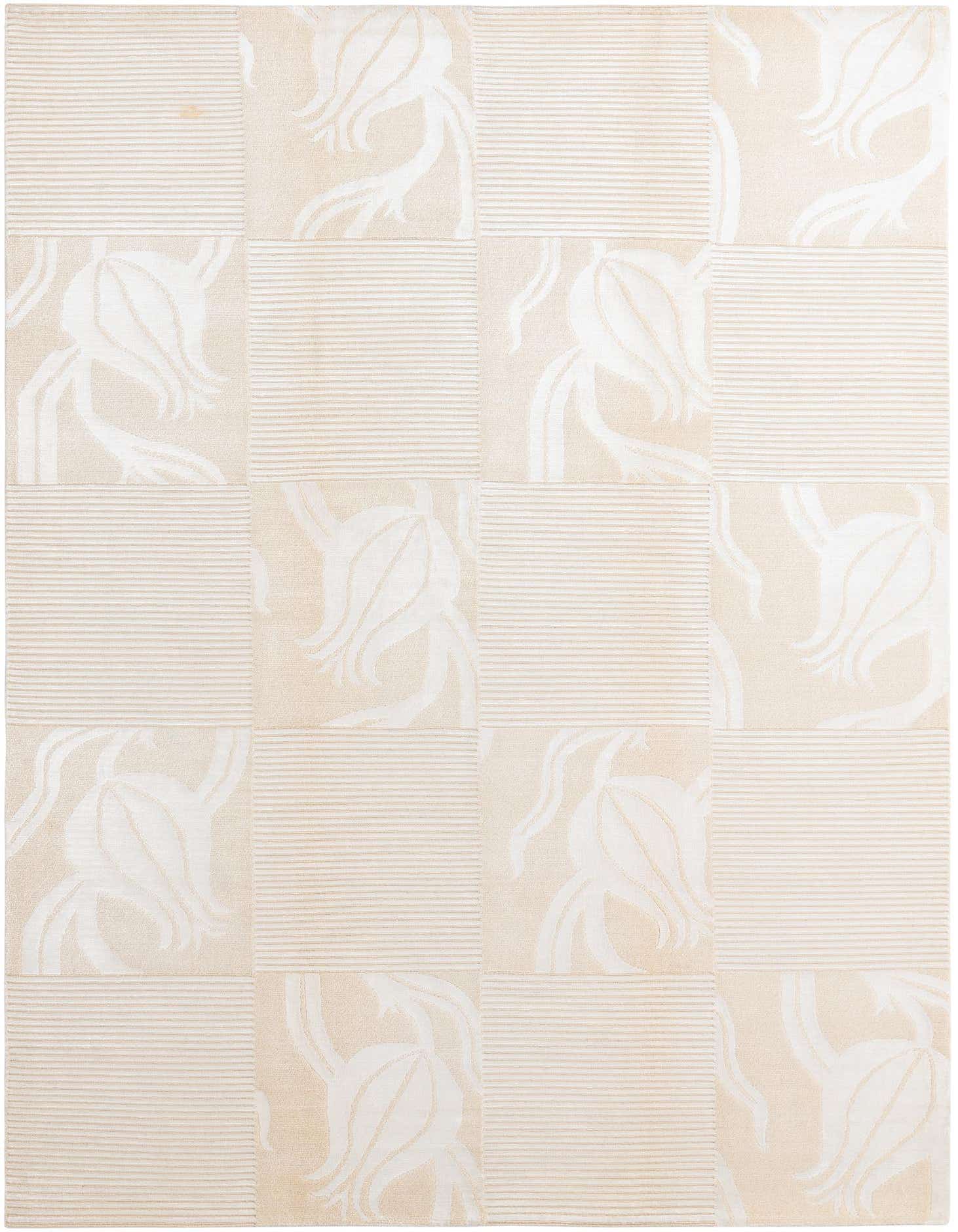 A 5x8 rectangular ivory wool rug with a modern oriental pattern of alternating floral and striped squares.