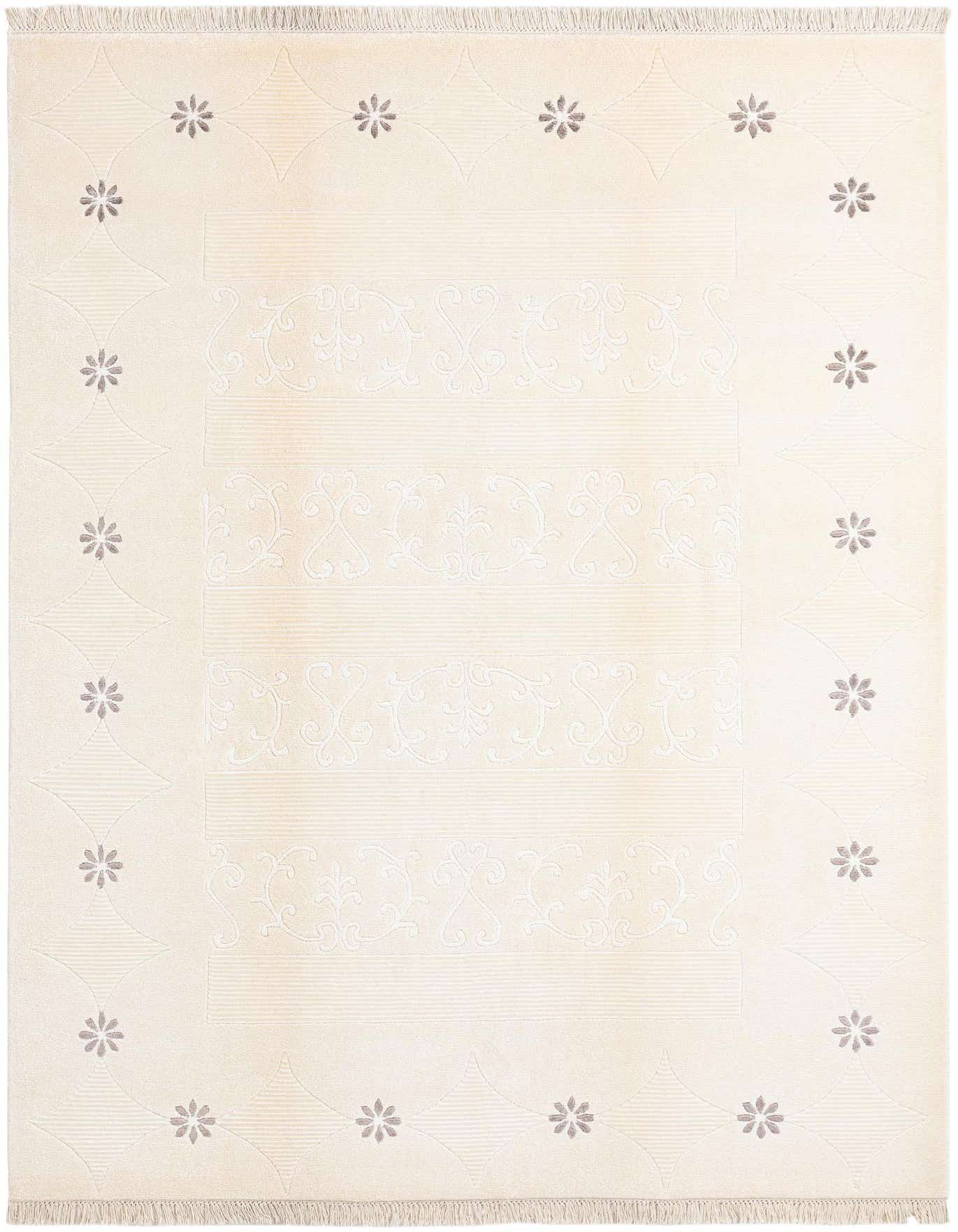 A 5x8 rectangular ivory wool rug with a modern oriental pattern featuring subtle floral motifs and delicate scrollwork.