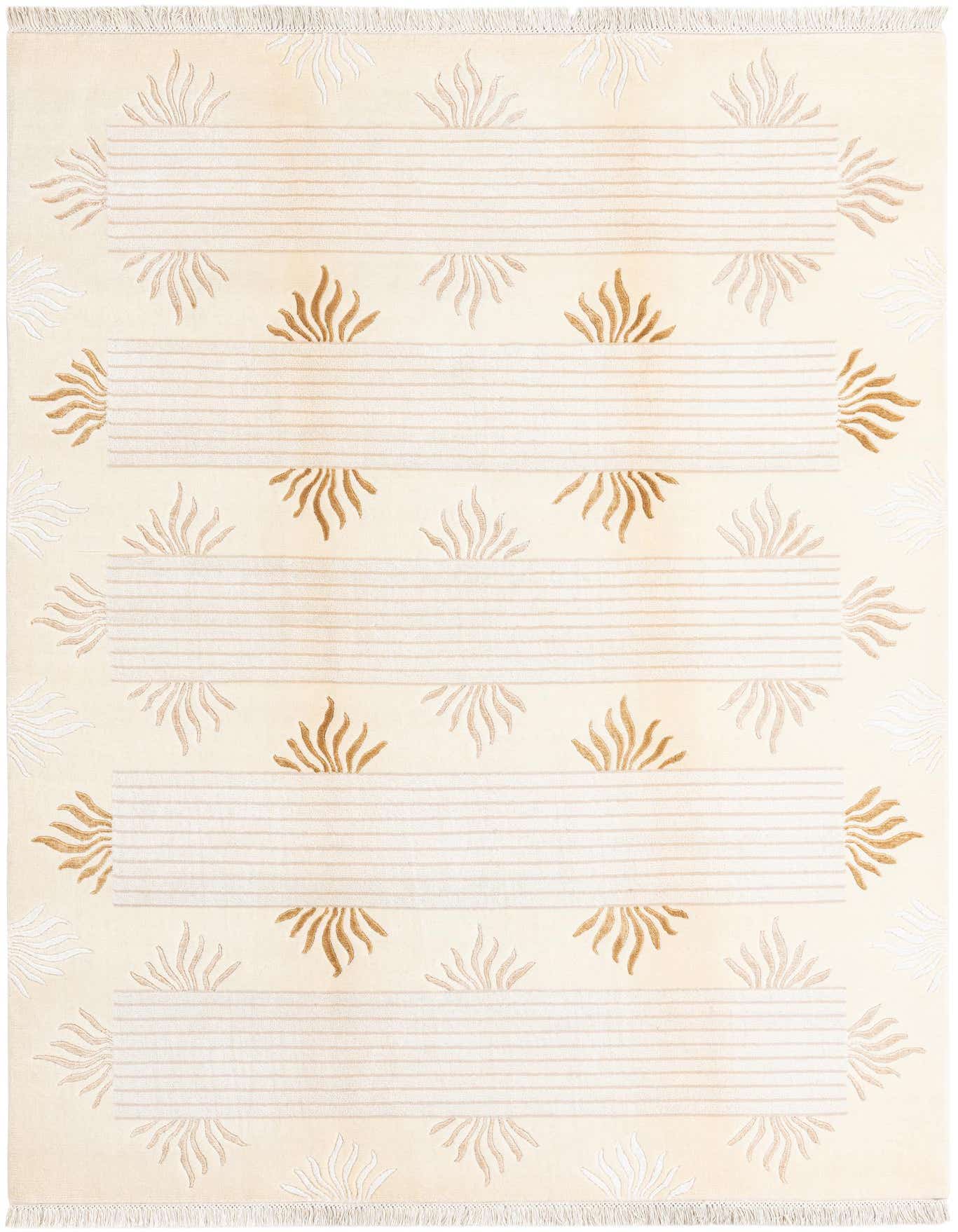 A 5x8 rectangular ivory wool rug with a modern oriental pattern of horizontal stripes and abstract sunburst motifs in varying shades of cream and light brown.