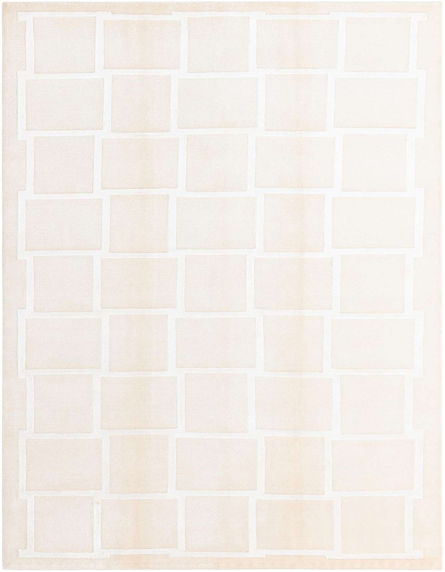 A 5x8 rectangular ivory wool rug with a modern geometric pattern of light cream rectangles outlined in white, suitable for a living room.