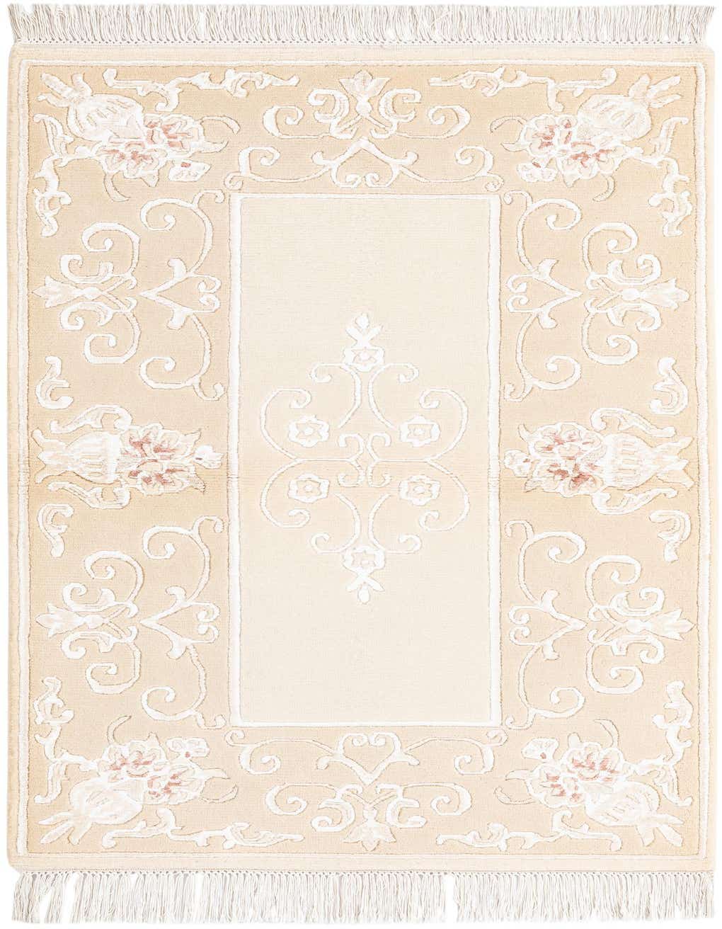A 3x5 rectangular ivory and cream wool rug with a modern oriental floral and scroll pattern, featuring a central panel and fringed ends.