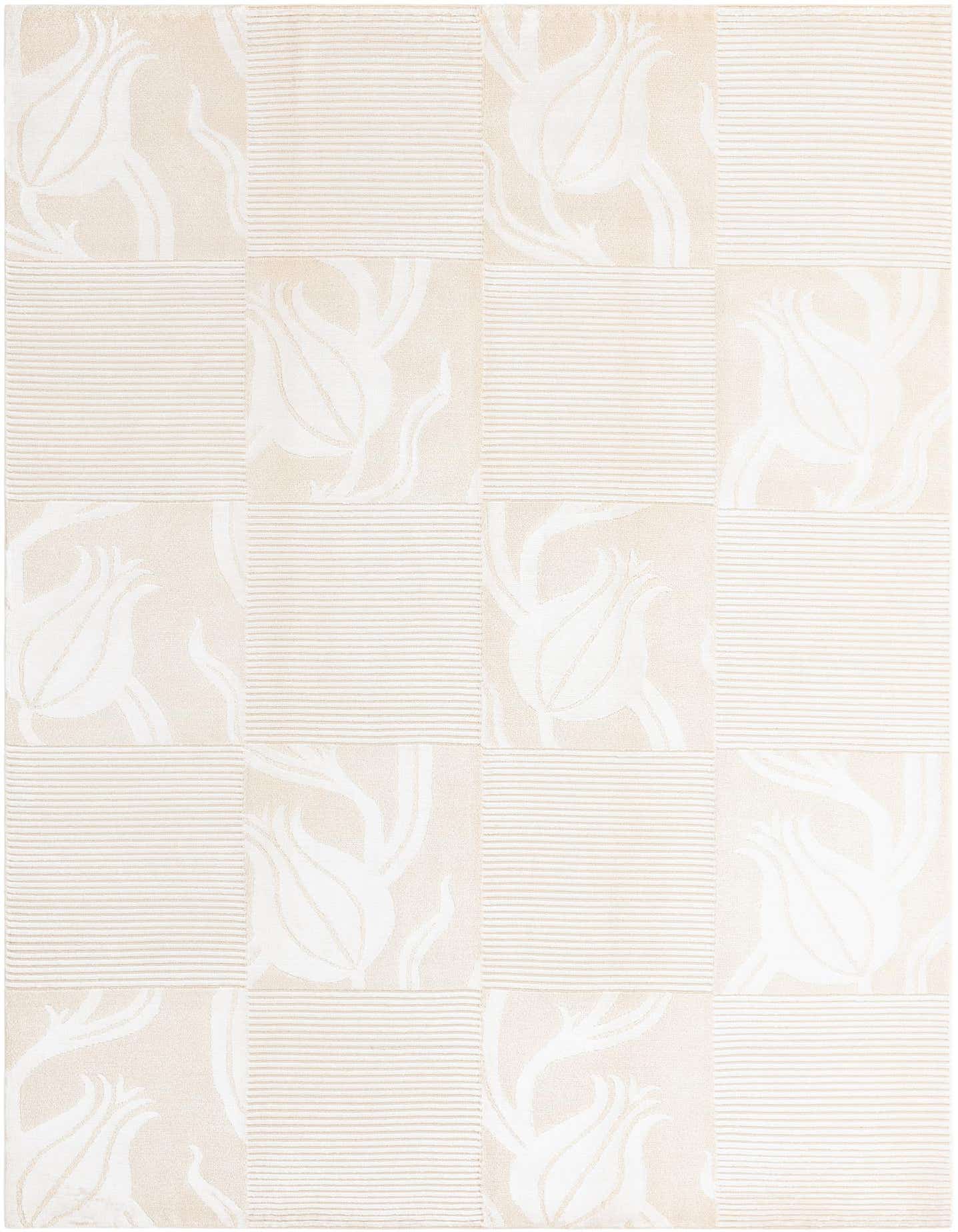 A 5x8 rectangular ivory wool rug with a modern oriental pattern of alternating floral and striped squares.