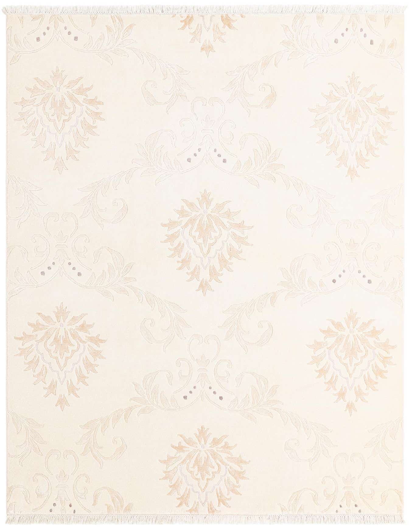 A rectangular 5x8 ivory wool rug with a subtle modern oriental pattern and fringe on the ends.
