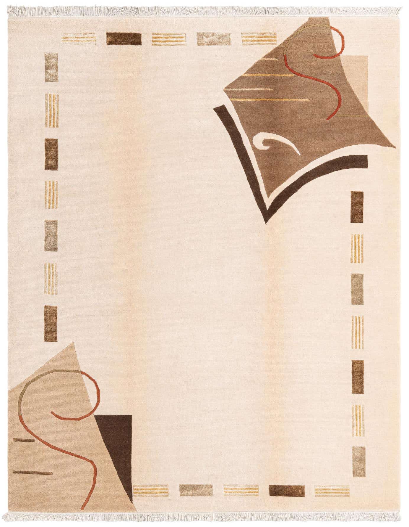 A 5x8 rectangular ivory wool rug with a modern abstract design featuring brown, cream, and subtle red geometric shapes and lines.