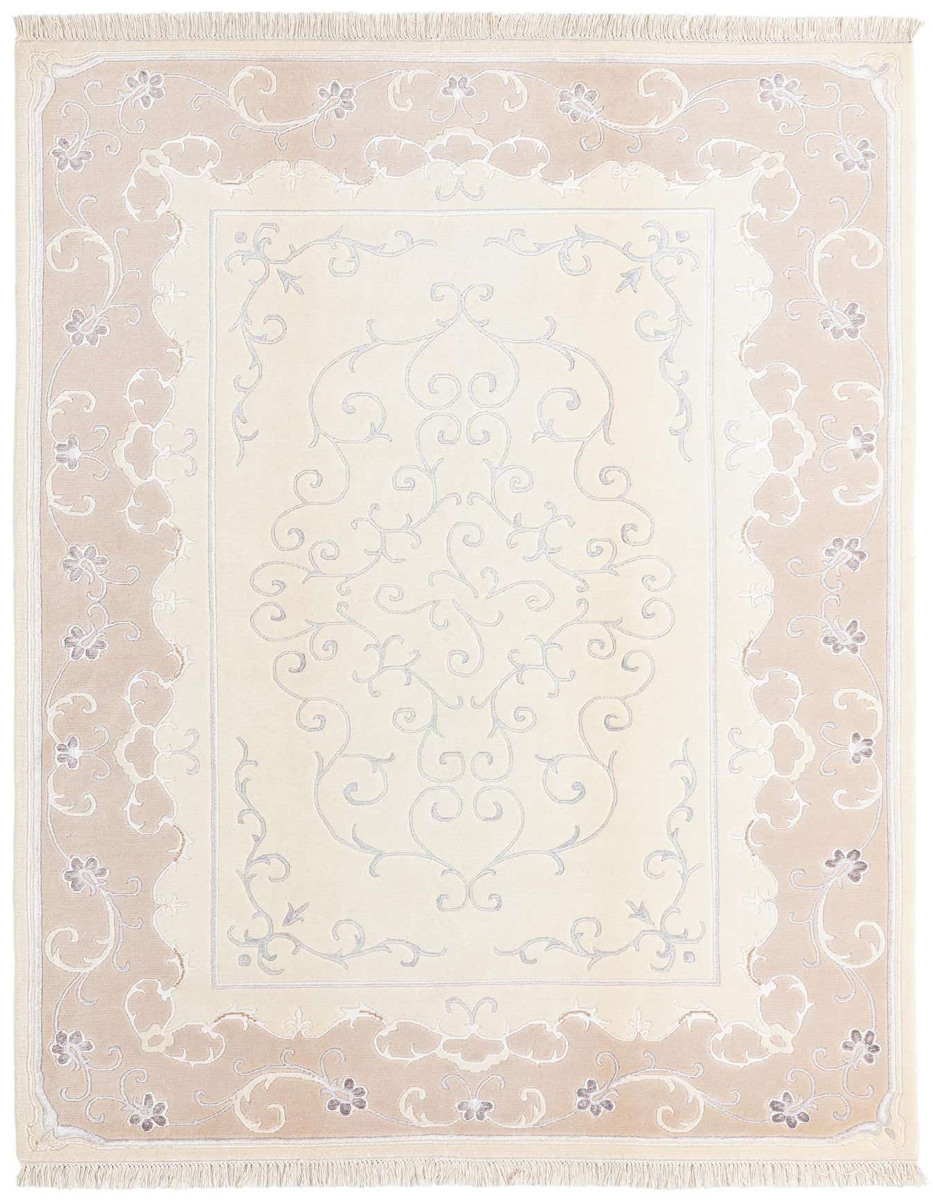 A 5x8 rectangular ivory wool rug with a modern floral and scroll pattern, featuring a cream border with light brown accents and fringe.