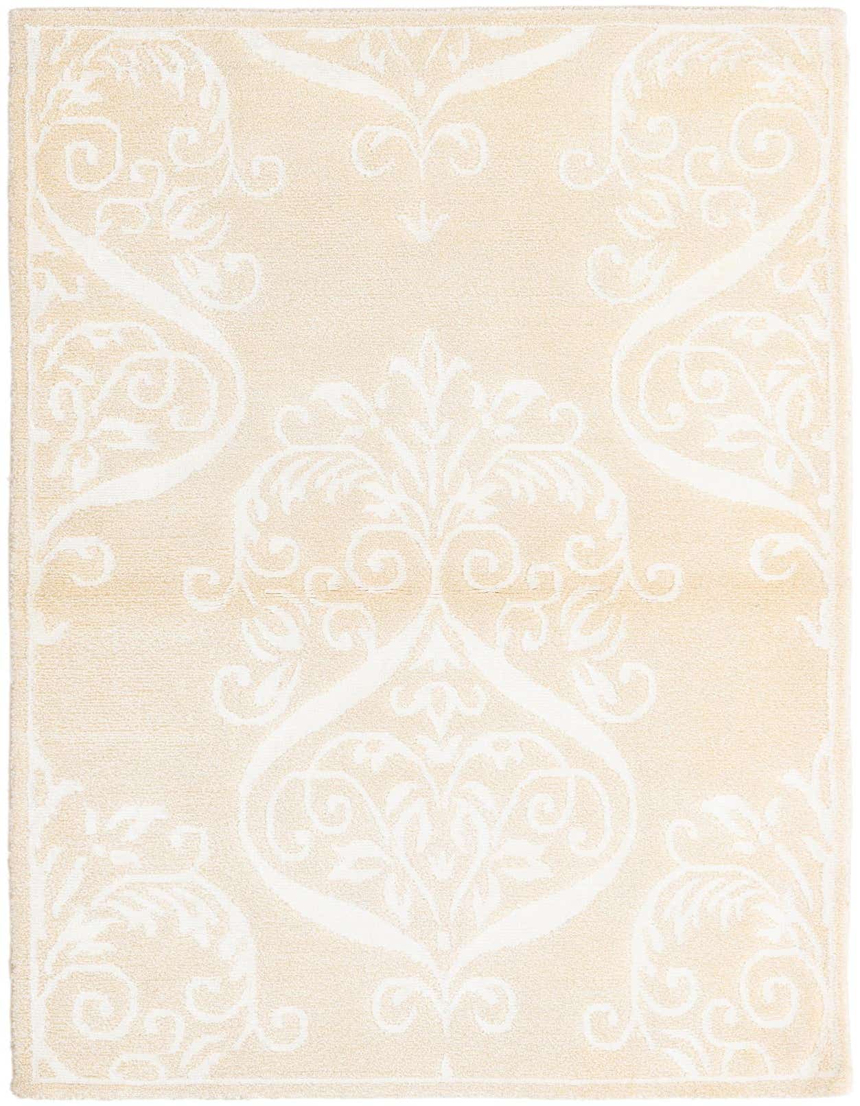 A rectangular 3x5 ivory and cream modern rug with an elegant damask pattern, suitable for an indoor living space.