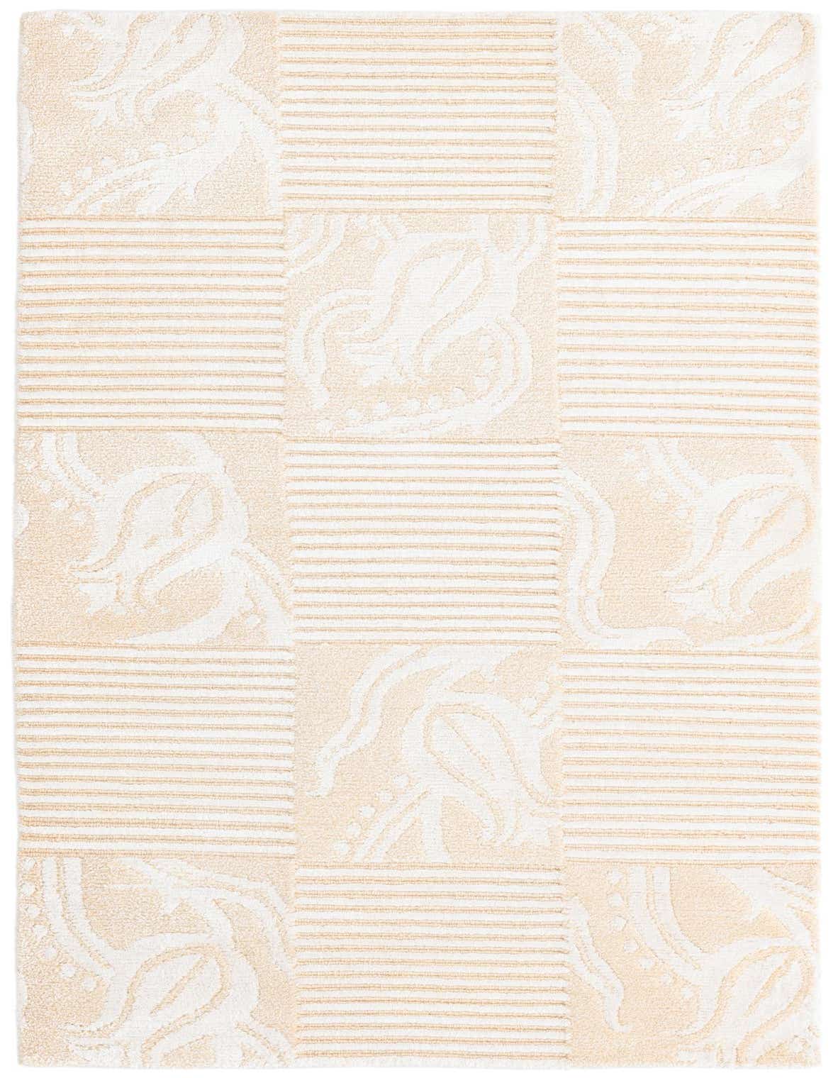 A 3x5 rectangular ivory and cream wool rug with a modern checkerboard pattern, featuring alternating stripes and abstract floral designs.