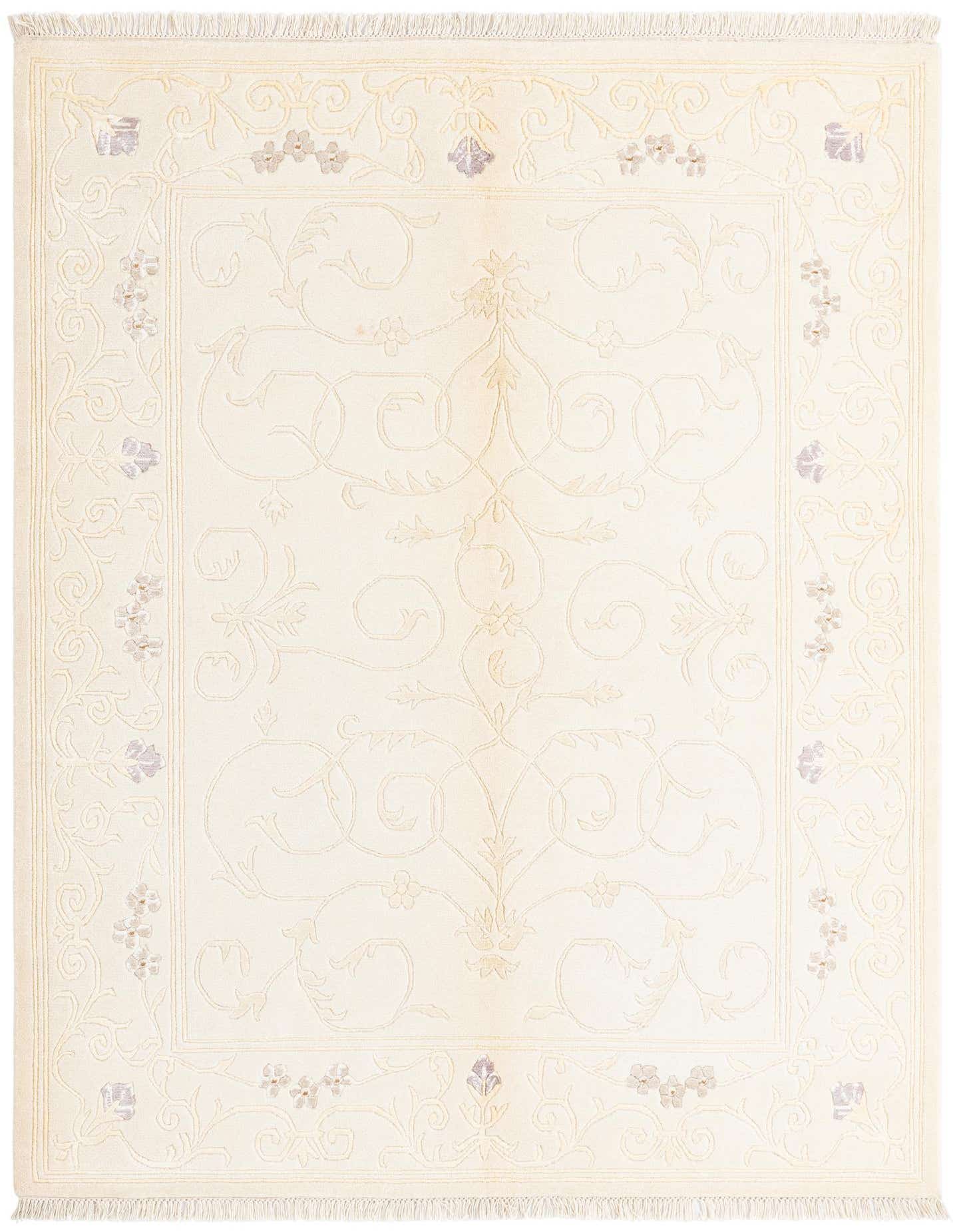 A 4x6 rectangular ivory and cream modern wool and silk rug with a subtle floral and vine pattern, handmade with a high pile.