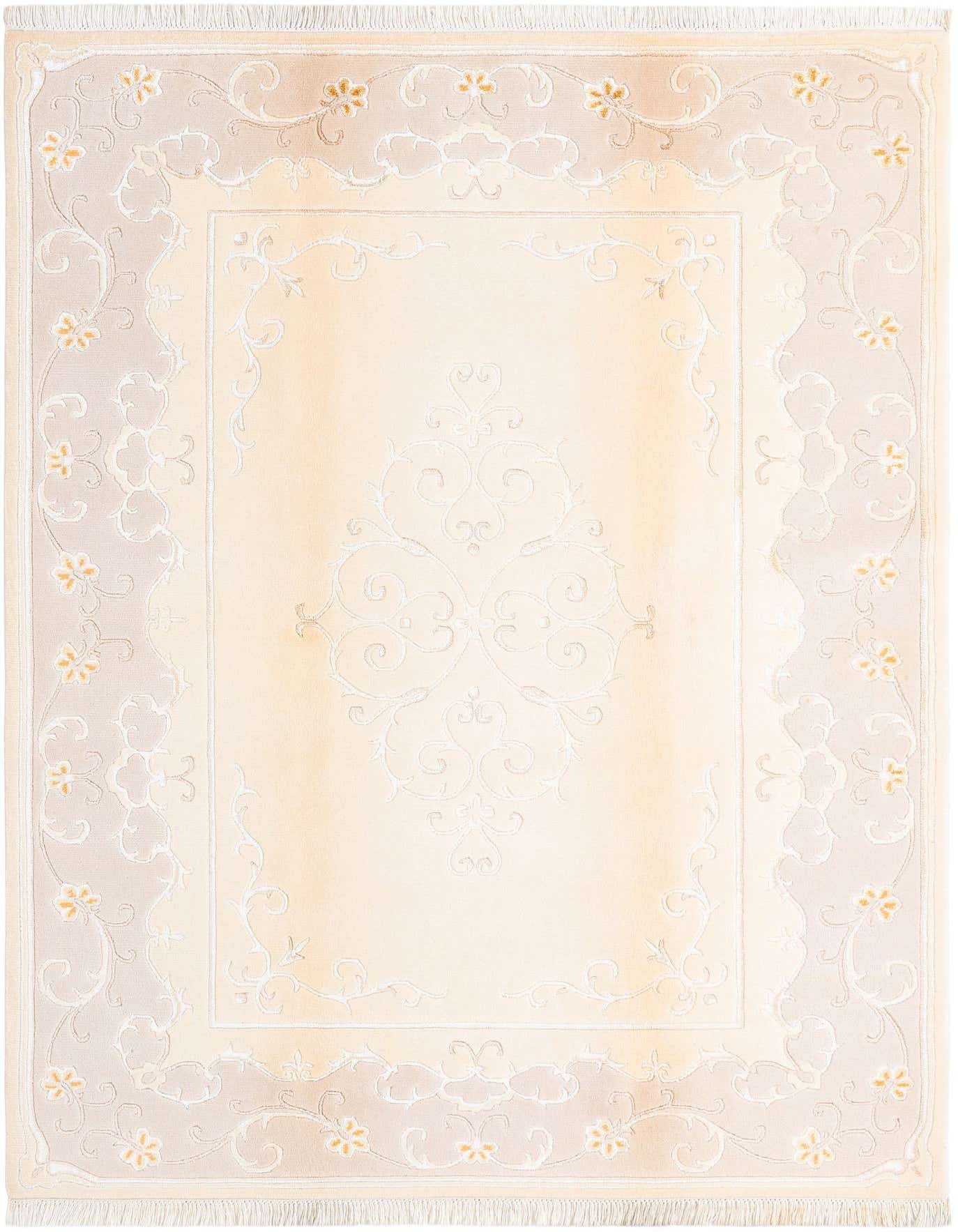 A rectangular 5x8 ivory and cream wool rug with a subtle Persian-inspired floral and scroll pattern, featuring a high pile.