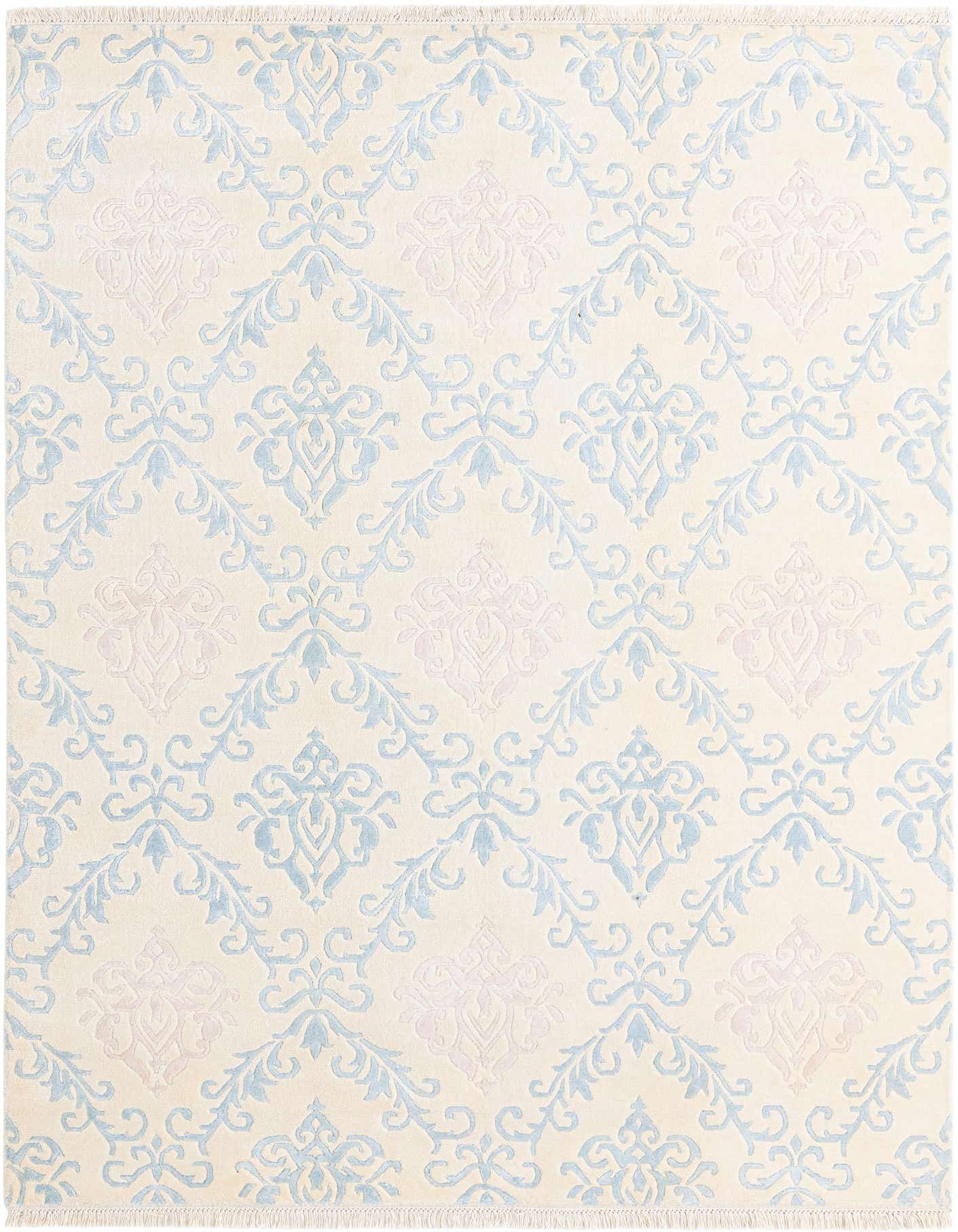 A 5x8 rectangular ivory rug with a modern damask pattern in light blue and subtle pink, featuring a high pile.