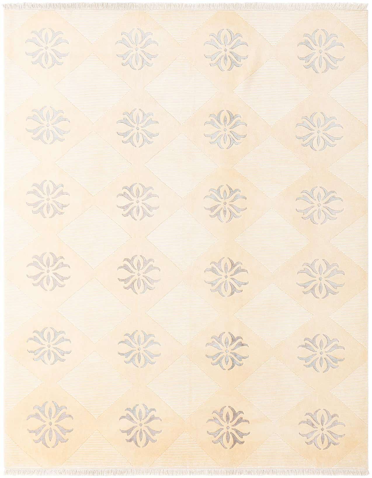 A 7x10 rectangular ivory wool rug with a modern pattern of light gray floral medallions within diamond shapes.
