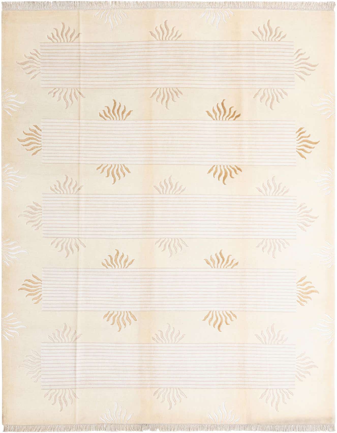 An 8x12 rectangular ivory wool rug with a modern oriental pattern of horizontal stripes and sunburst motifs.