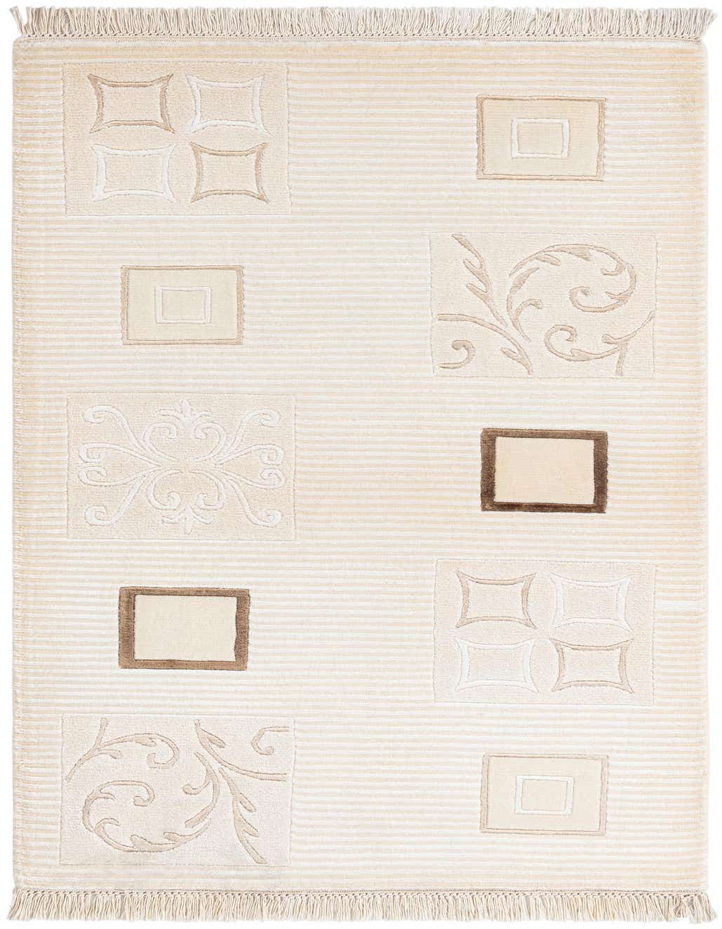 A 3x5 rectangular Darya rug in ivories and creams, featuring a modern oriental pattern with varied squares and floral motifs.