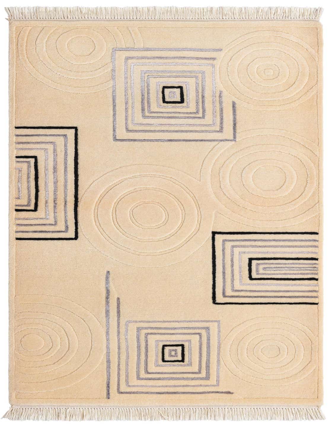 A 3x5 rectangular ivory modern rug with a high pile, featuring embossed circles and squares in black and gray.