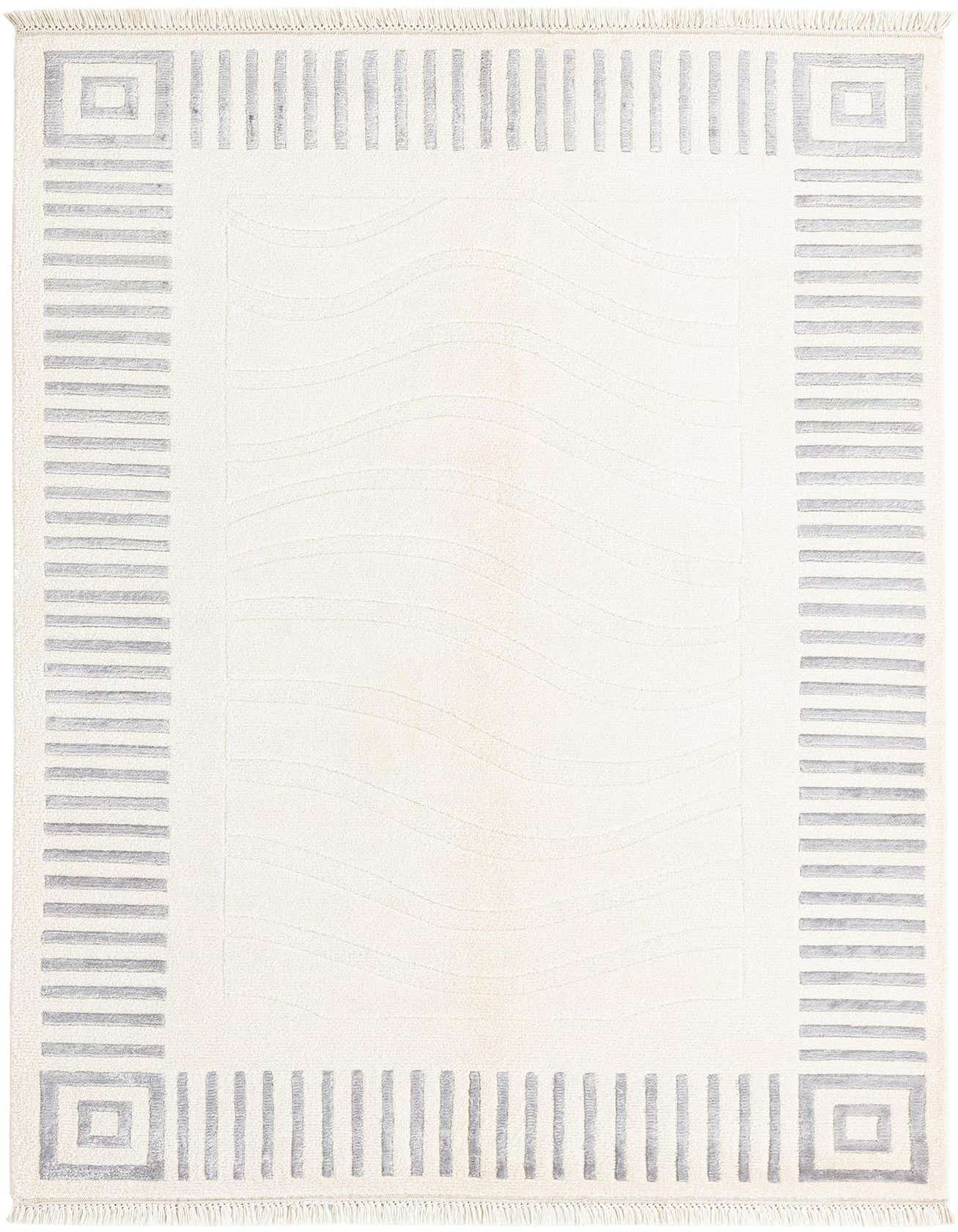 A 3x5 rectangular ivory modern rug with a subtle wavy pattern and a gray geometric border.