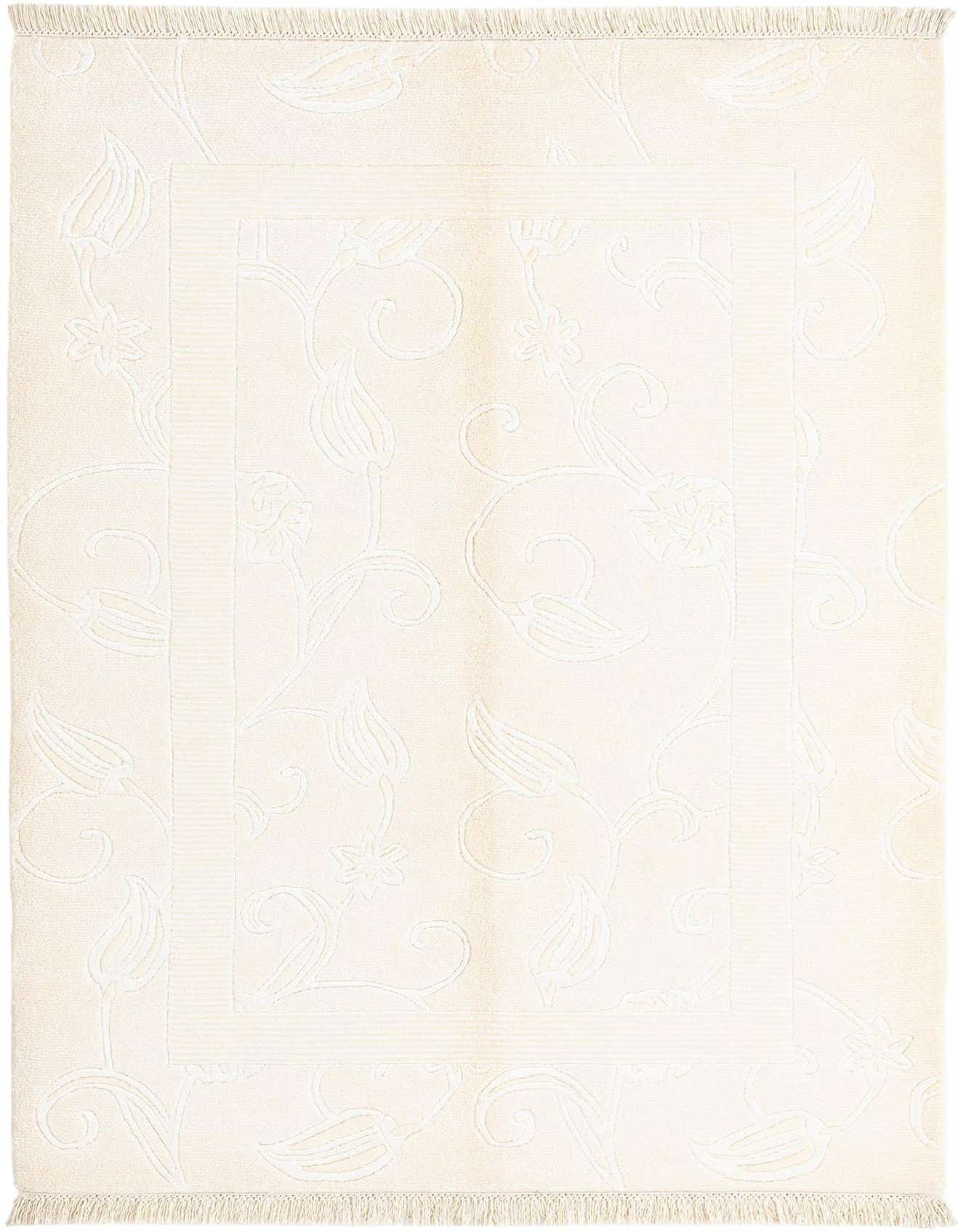 A 4x6 rectangular ivory rug with a high pile and subtle Persian-inspired floral patterns, suitable for a living room or bedroom.