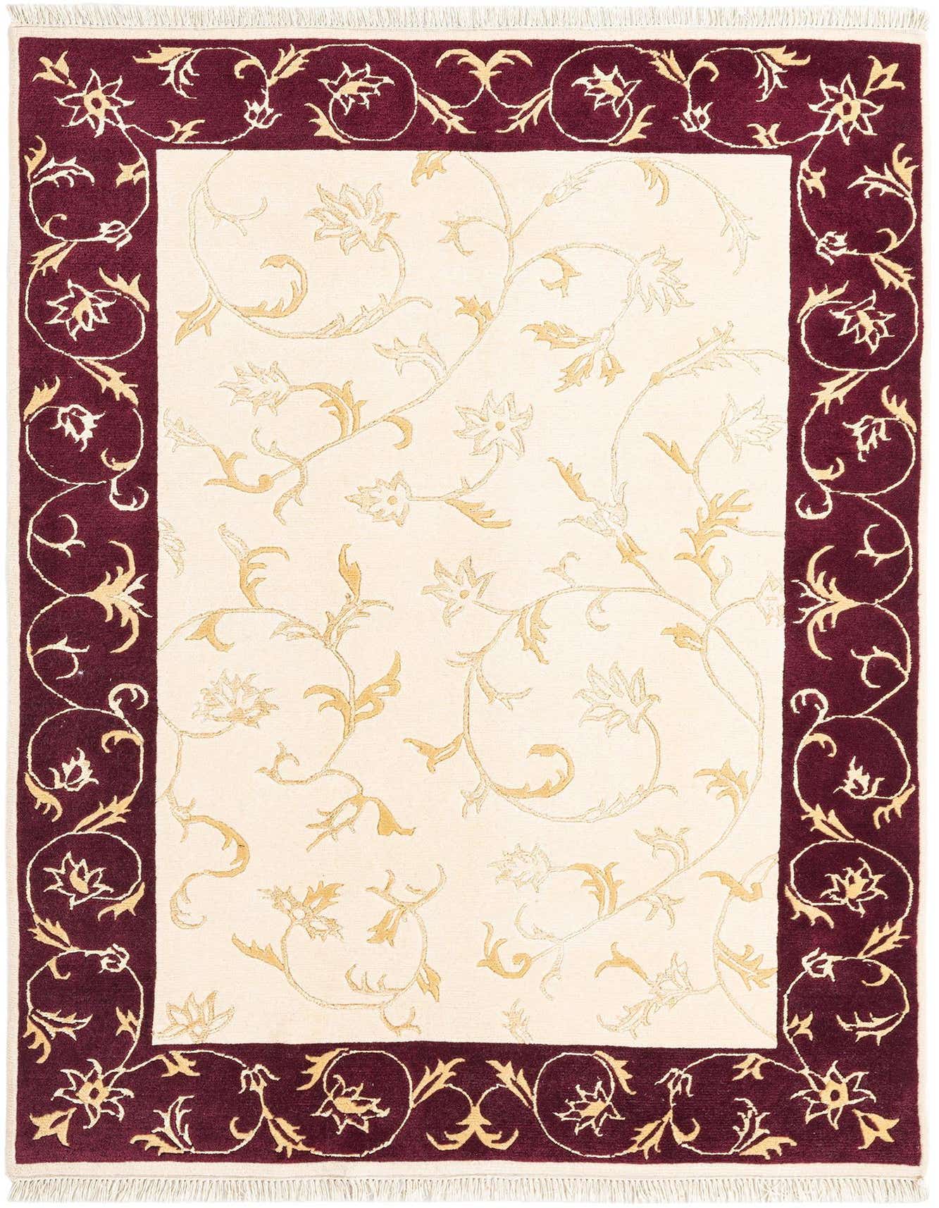 A 4x6 rectangular ivory and cream area rug with a rich burgundy border featuring gold floral and vine patterns, suitable for a living room.