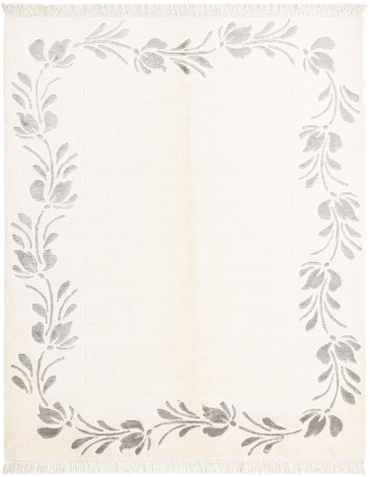 A 3x5 rectangular ivory rug with a subtle cream striped center and a modern Persian floral border in light gray.