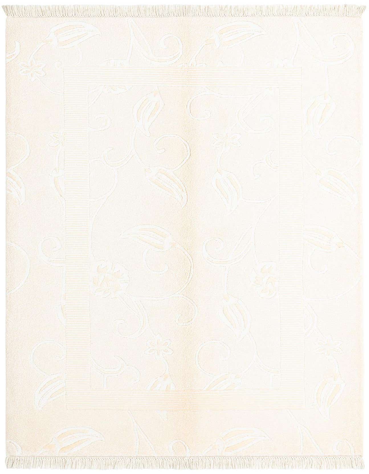 A 4x6 rectangular ivory modern Persian rug with a subtle floral pattern and fringe, ideal for a living room.