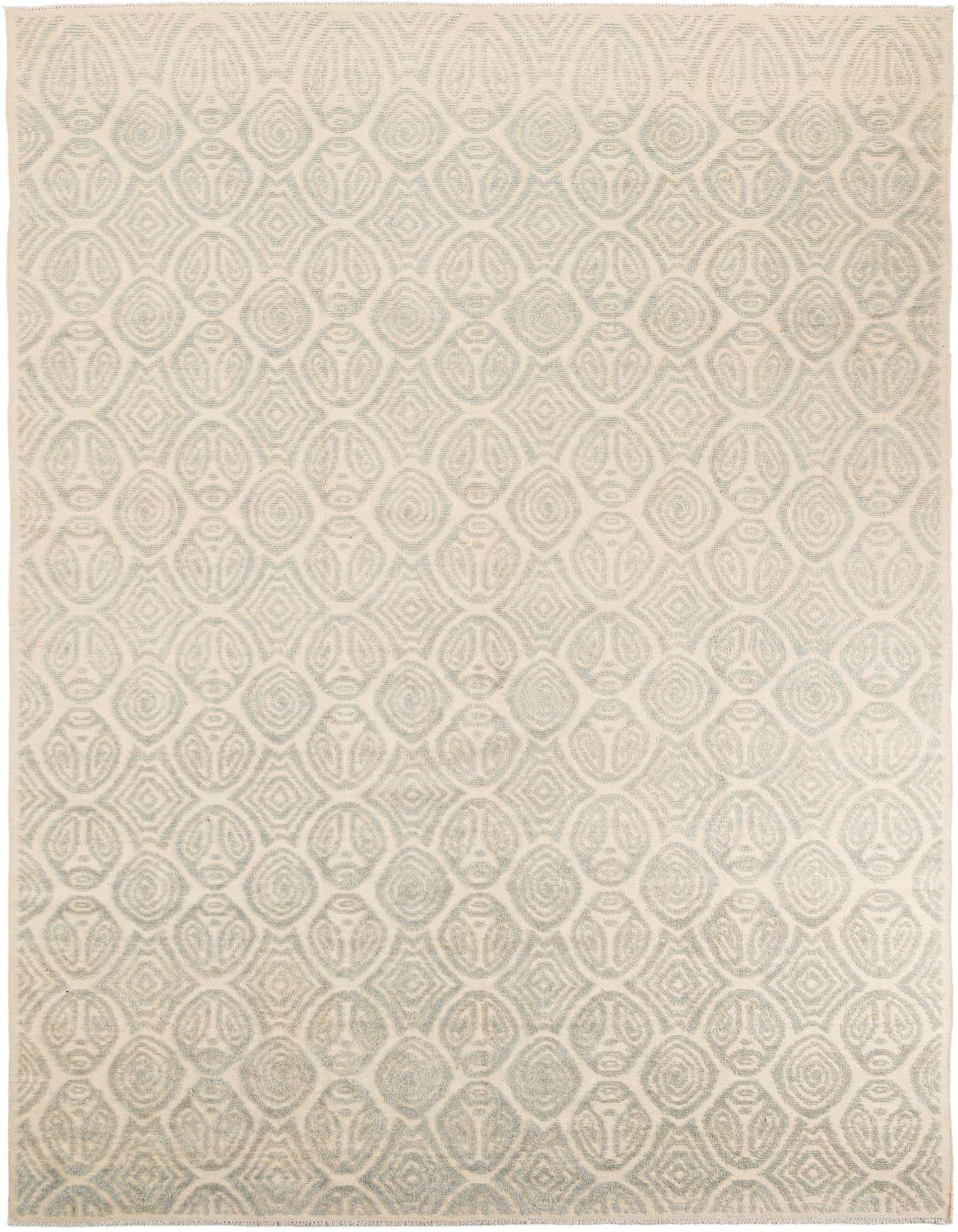 A 9x12 rectangular ivory wool rug with a subtle modern geometric pattern in cream and light grey, suitable for a living room.