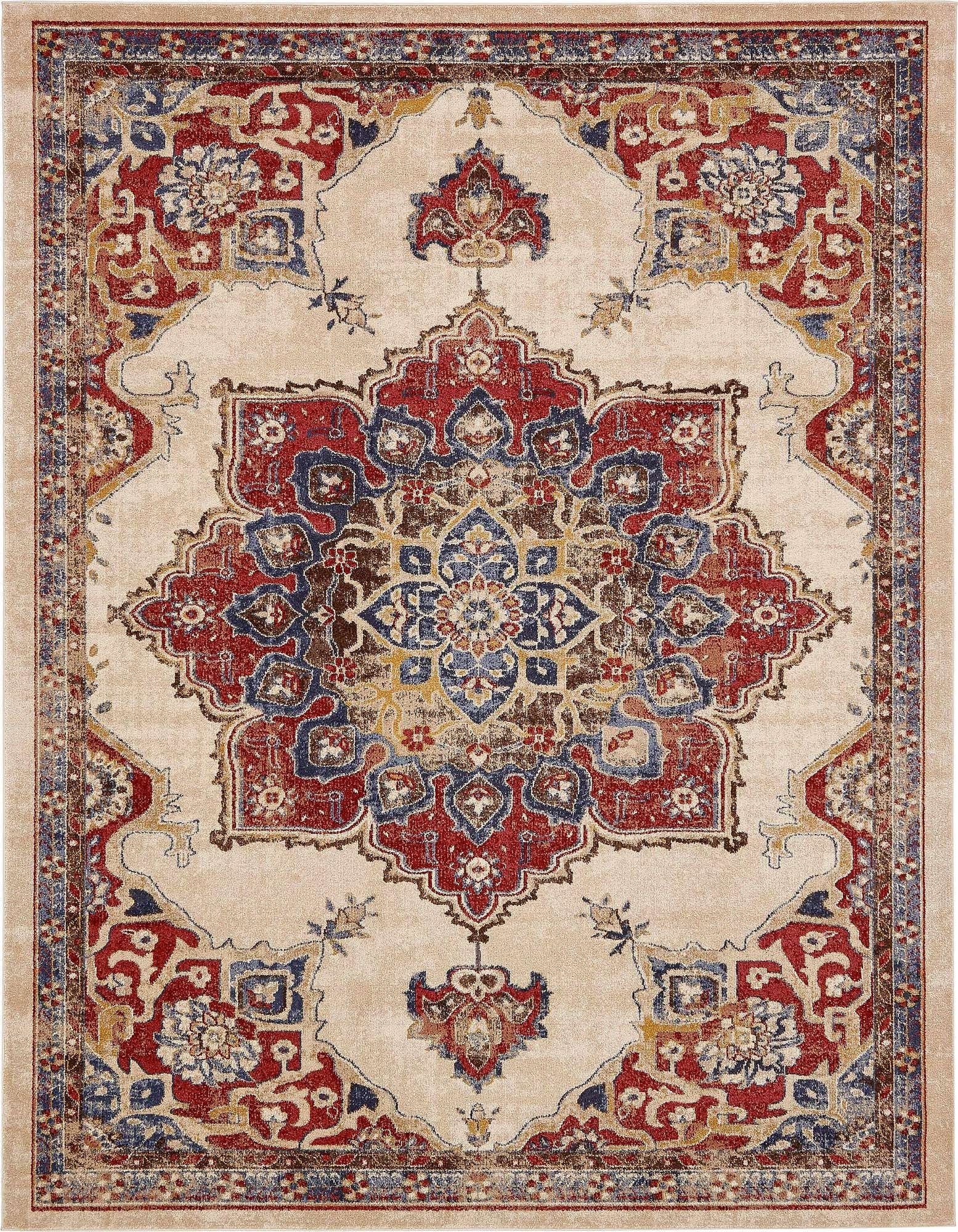 An 8x10 rectangular ivory area rug with a distressed traditional medallion and botanical pattern in red, blue, and gold.