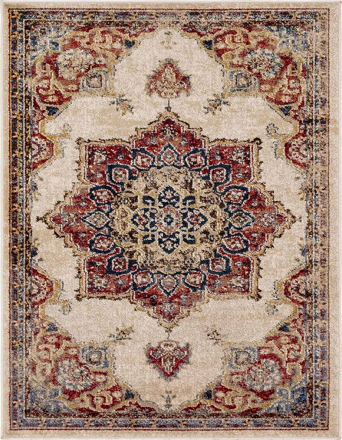 A rectangular 3x5 ivory area rug with a distressed traditional medallion pattern in red, blue, and gold.