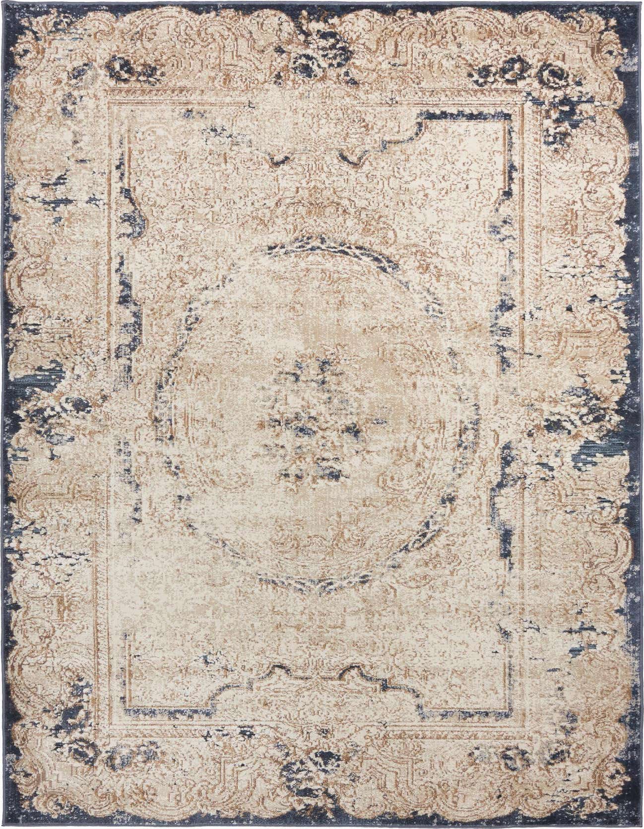 A 4x6 rectangular ivory and cream rug with a distressed traditional medallion pattern and a dark blue border, suitable for a living room.