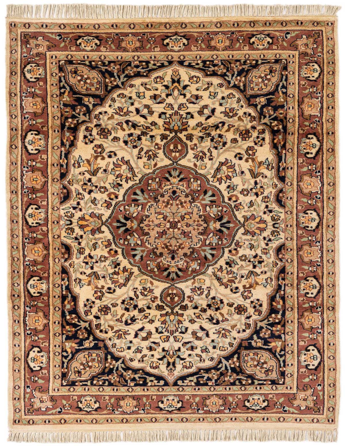 A 4x6 rectangular Farahan rug featuring an ivory field with a traditional oriental medallion pattern in creams, browns, and blues.