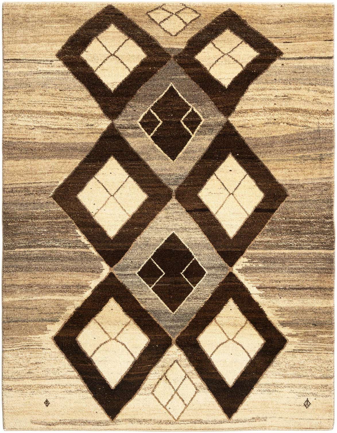 A 4x6 rectangular Gabbeh rug featuring large dark brown and gray diamond patterns on an ivory and cream striped background.