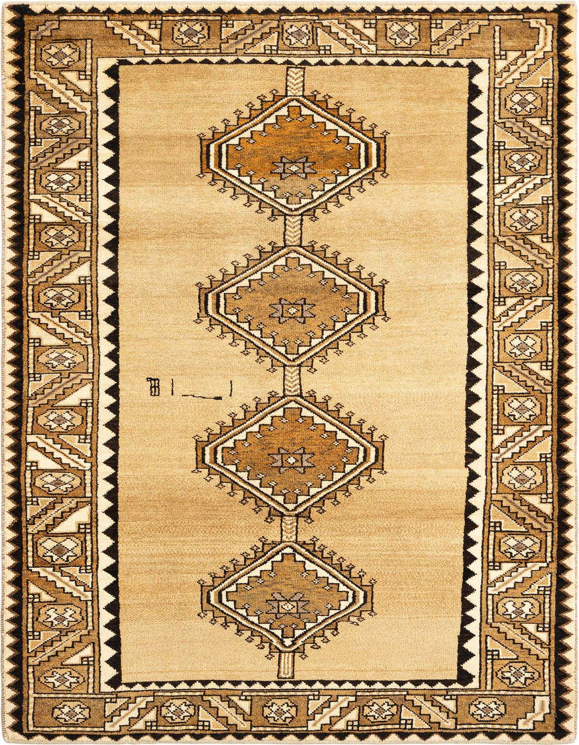 A 4x6 rectangular Gabbeh rug in ivory and brown, featuring a central column of diamond medallions and a geometric border.