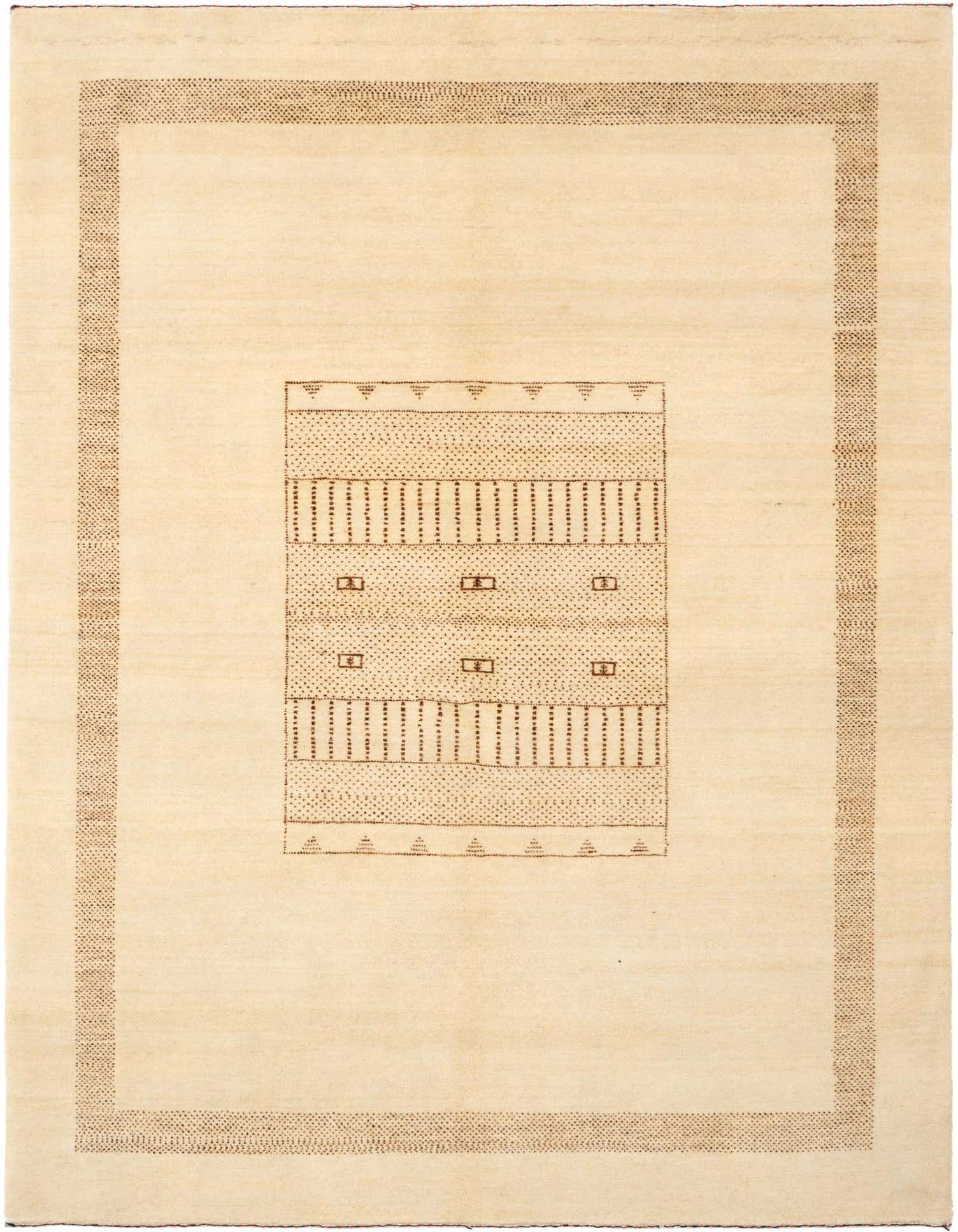 A 5x7 rectangular ivory Gabbeh wool rug with a subtle modern geometric pattern and border, perfect for an indoor living space.