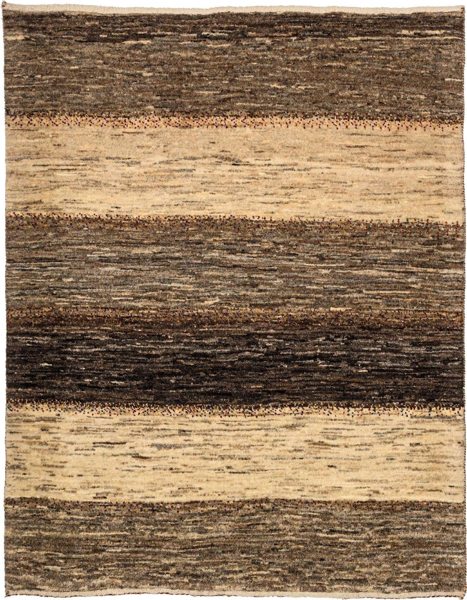 A 3x5 rectangular modern Gabbeh rug with horizontal stripes in varying shades of ivory, cream, and brown.