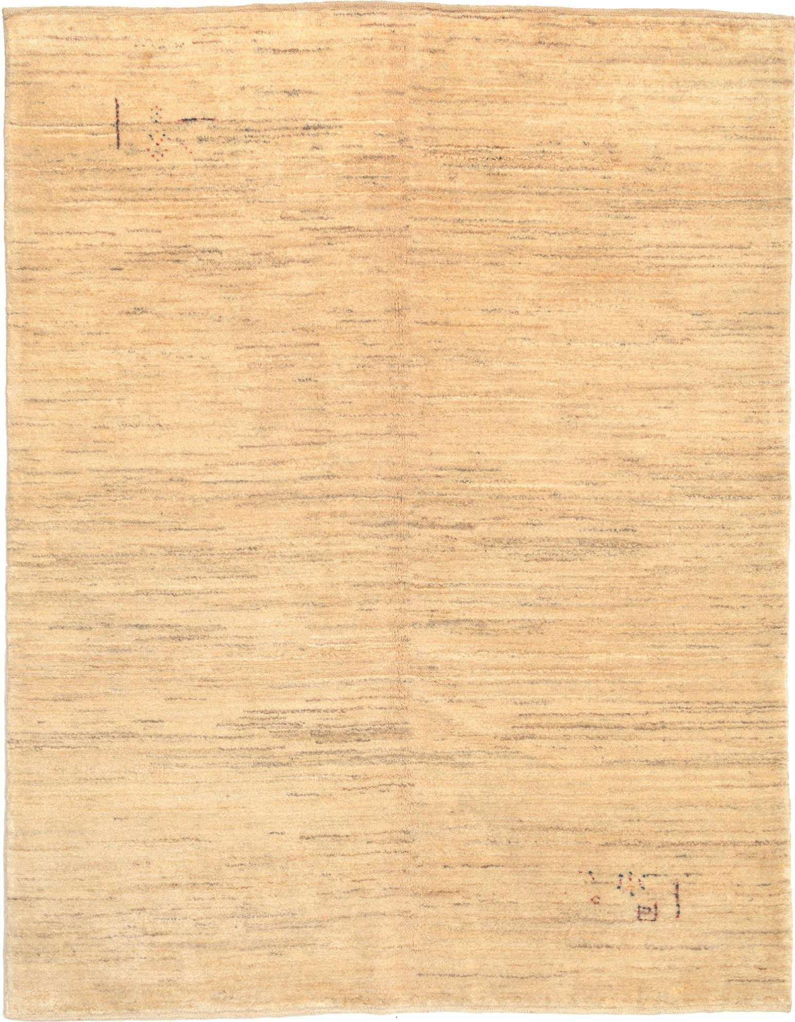 A 5x8 rectangular Gabbeh rug in ivory and cream, featuring a modern, subtly textured pattern with horizontal striations.