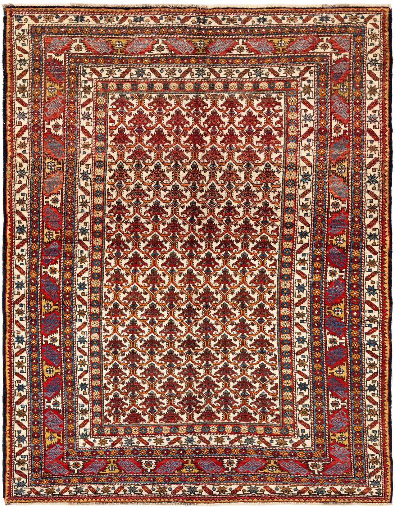 A 5x8 rectangular Ghashghai wool rug featuring a central ivory field with repeating red and orange motifs, framed by a multi-bordered design in red, blue, and yellow.