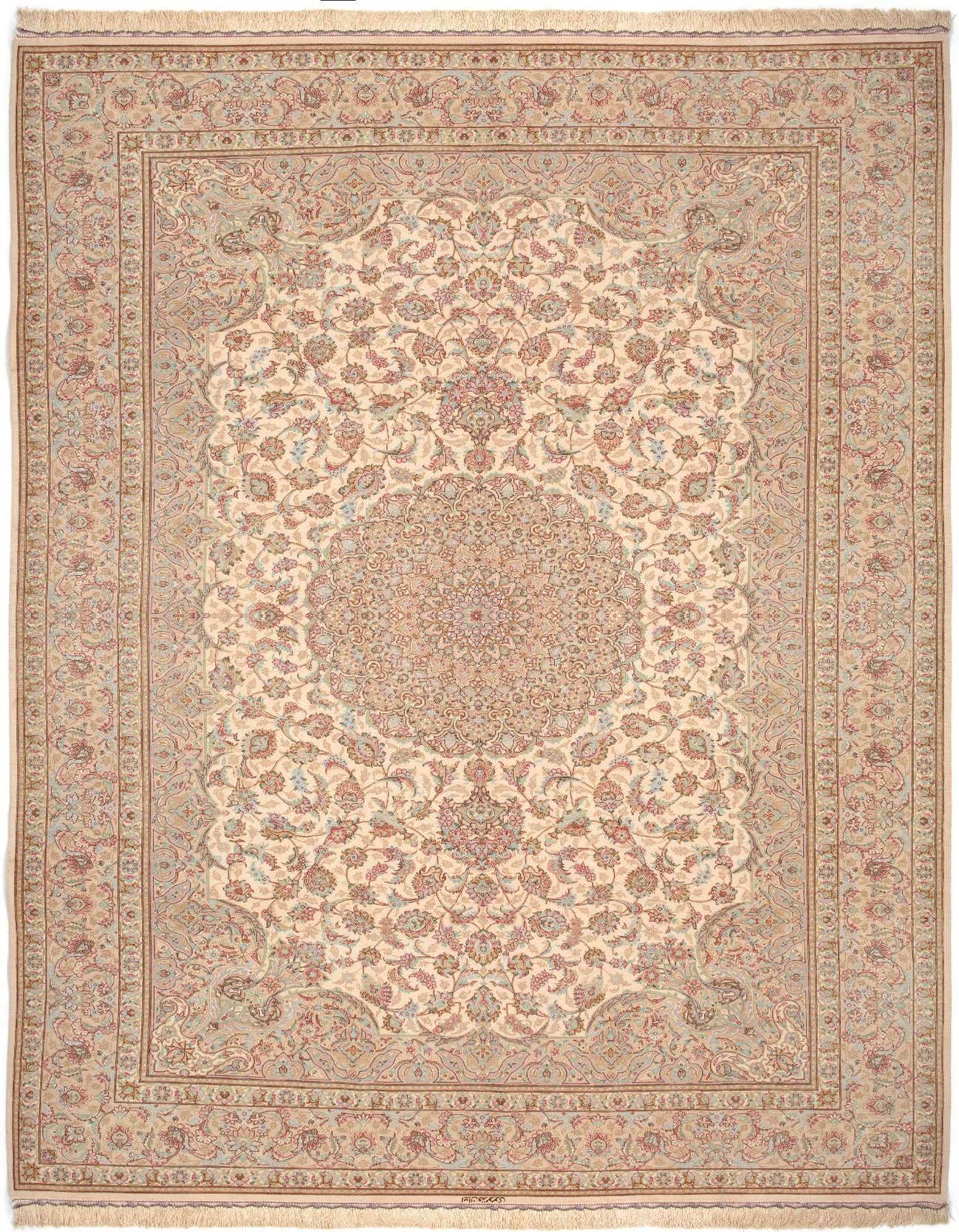 A 6x9 rectangular Ghom Silk Persian rug in ivory and cream with intricate floral and medallion patterns, ideal for a living room.