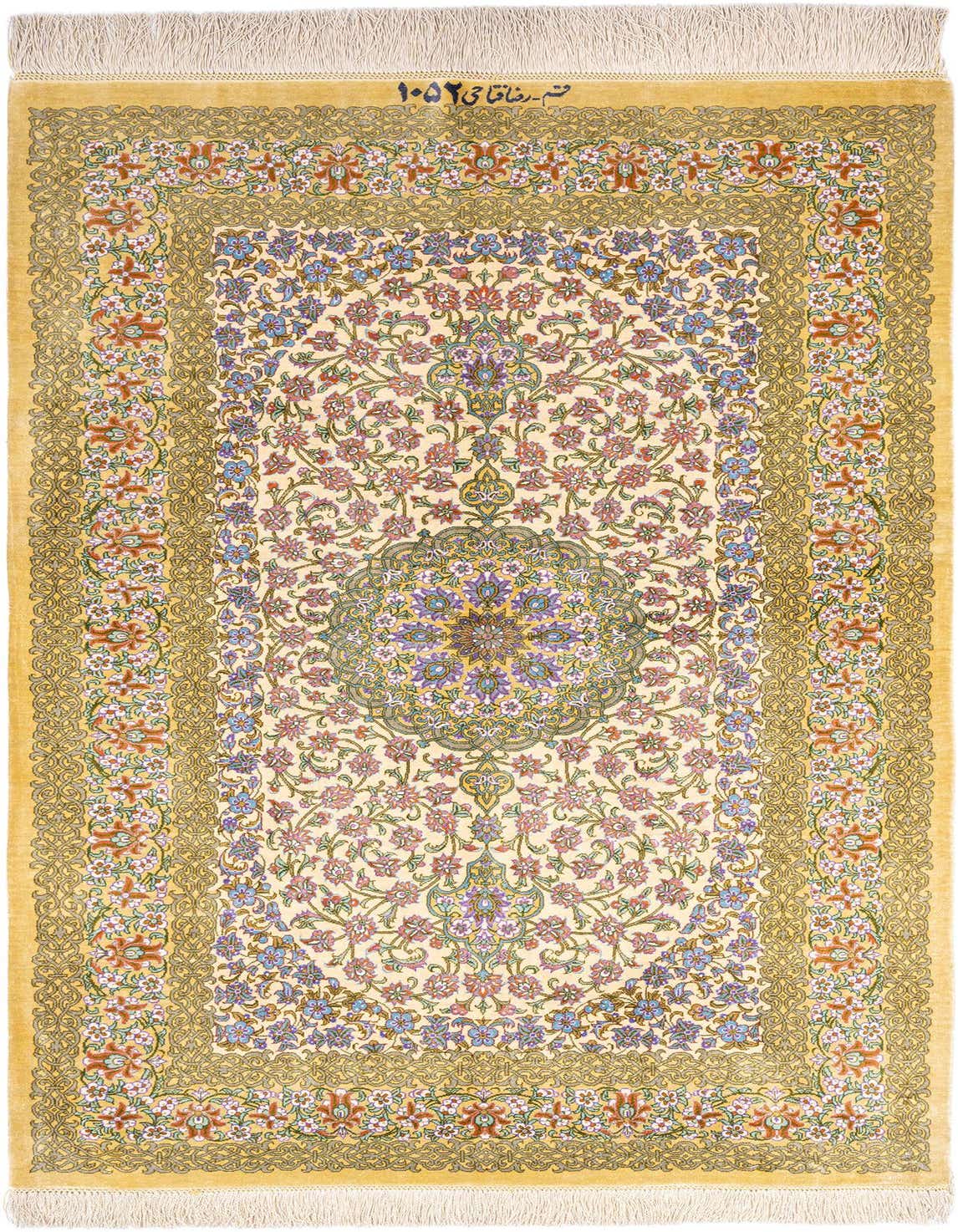 A rectangular 3x4 Ghom Silk rug with an ivory field, intricate Persian floral patterns in blue, pink, and green, and a gold border.