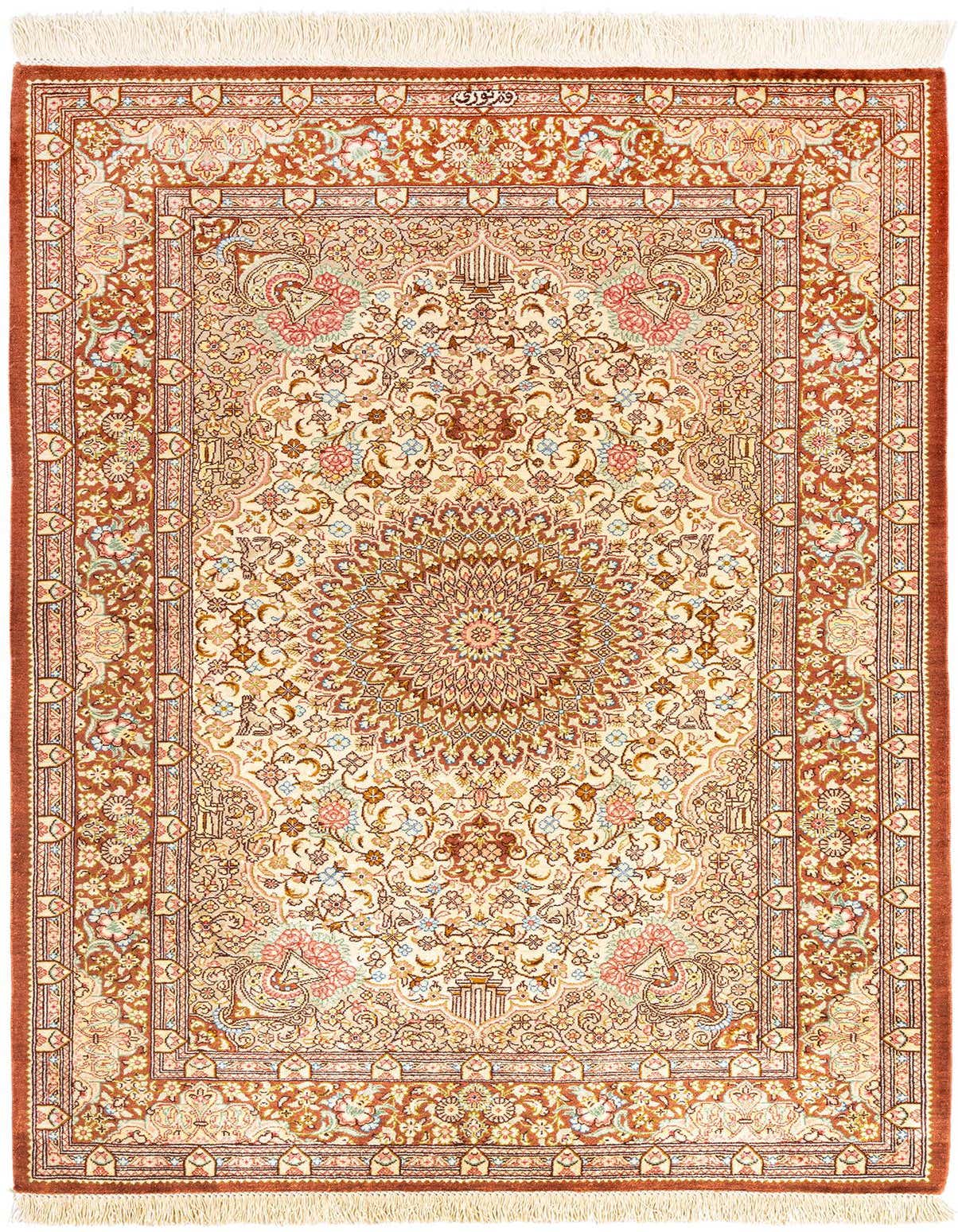 A 3x4 rectangular Ghom Silk Persian rug featuring an intricate ivory and cream floral medallion pattern with rust-colored borders.