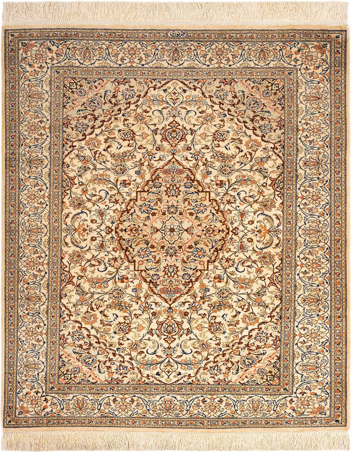 A 3x5 rectangular ivory Persian silk rug with an intricate floral medallion pattern and fringed ends.